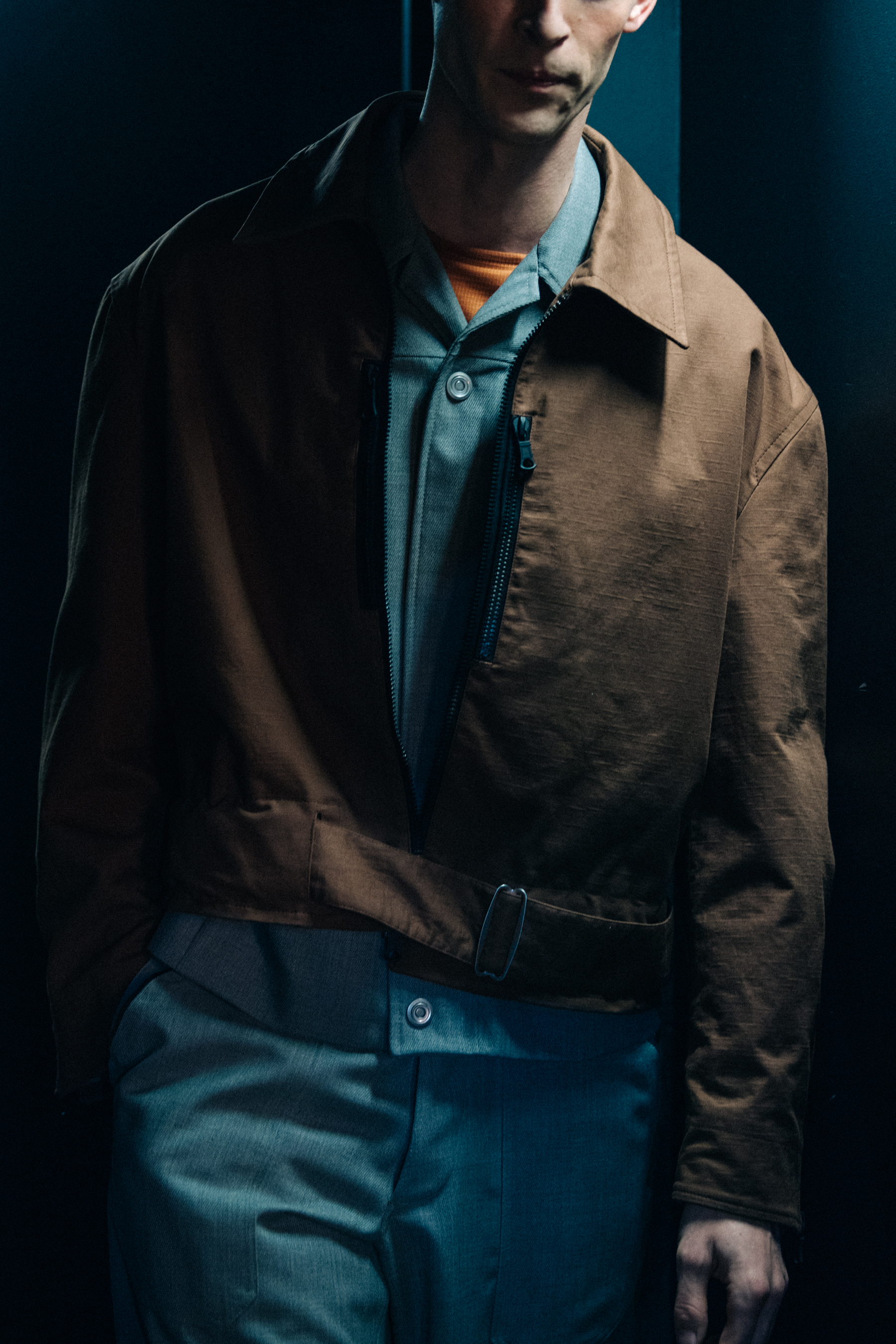 Model wearing brown cotton jacket