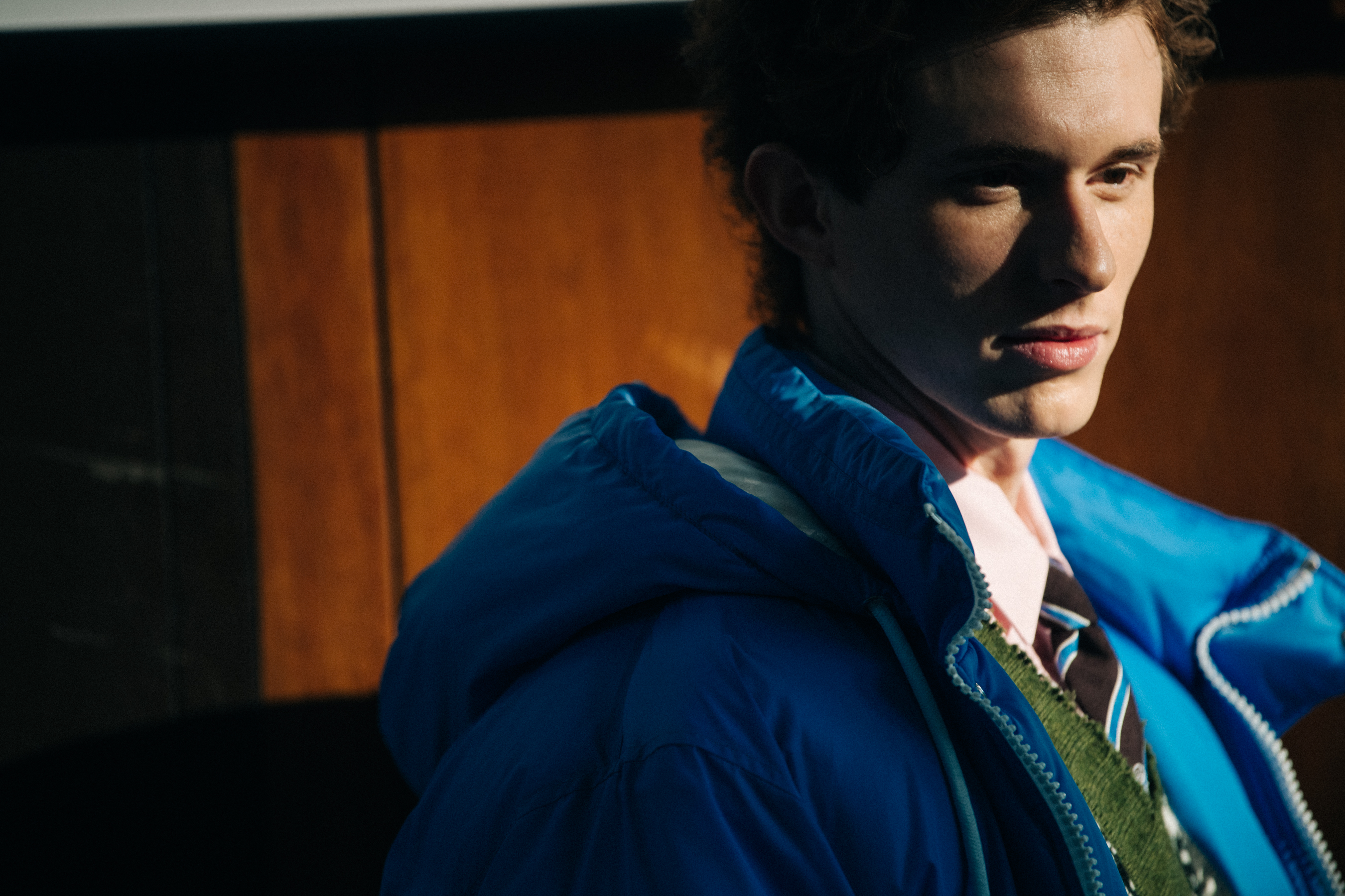 Model wearing blue MSGM winter coat