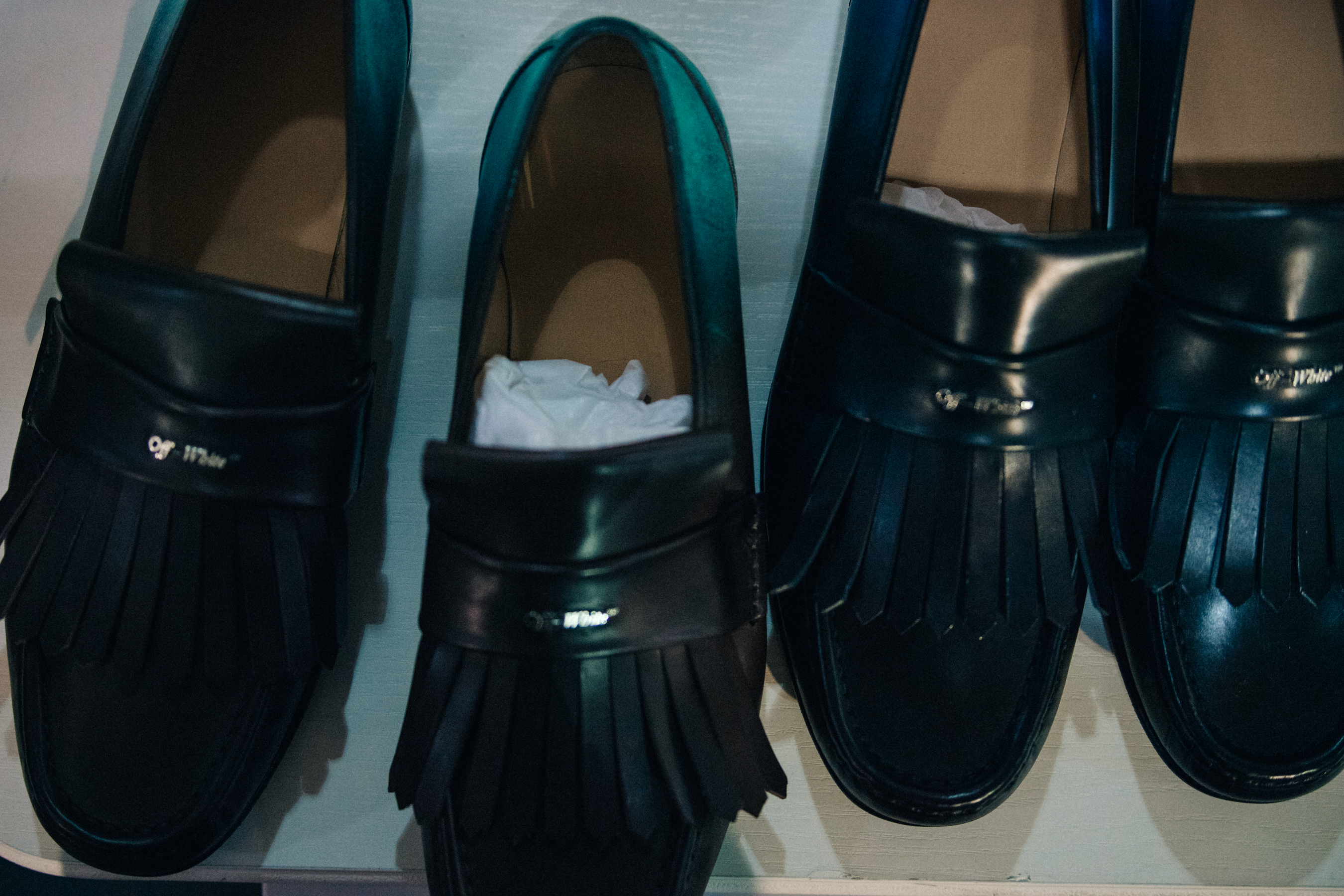 Shoe details backstage at Off-White FW18