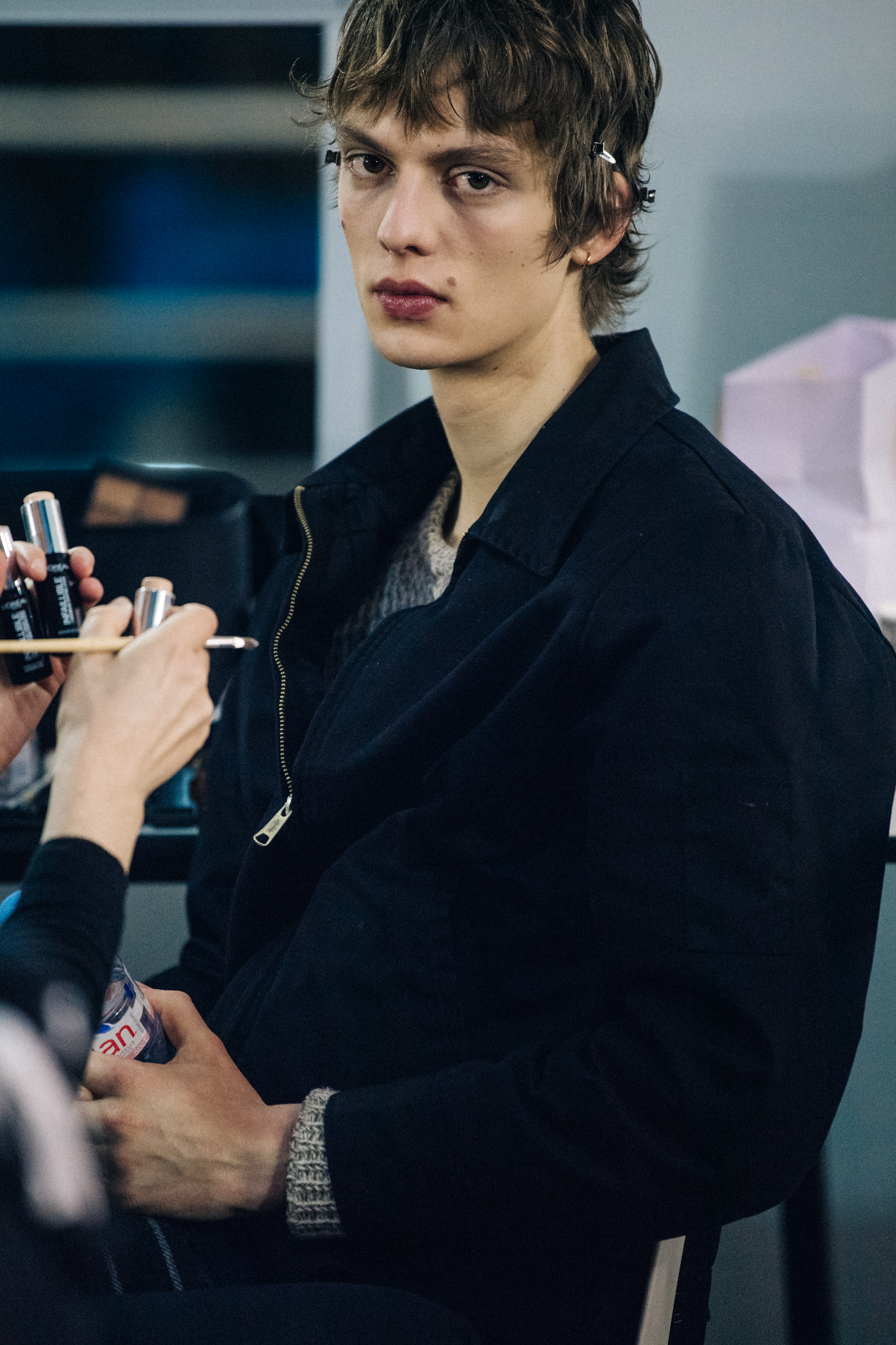 Model Leon Dame backstage at Off-White