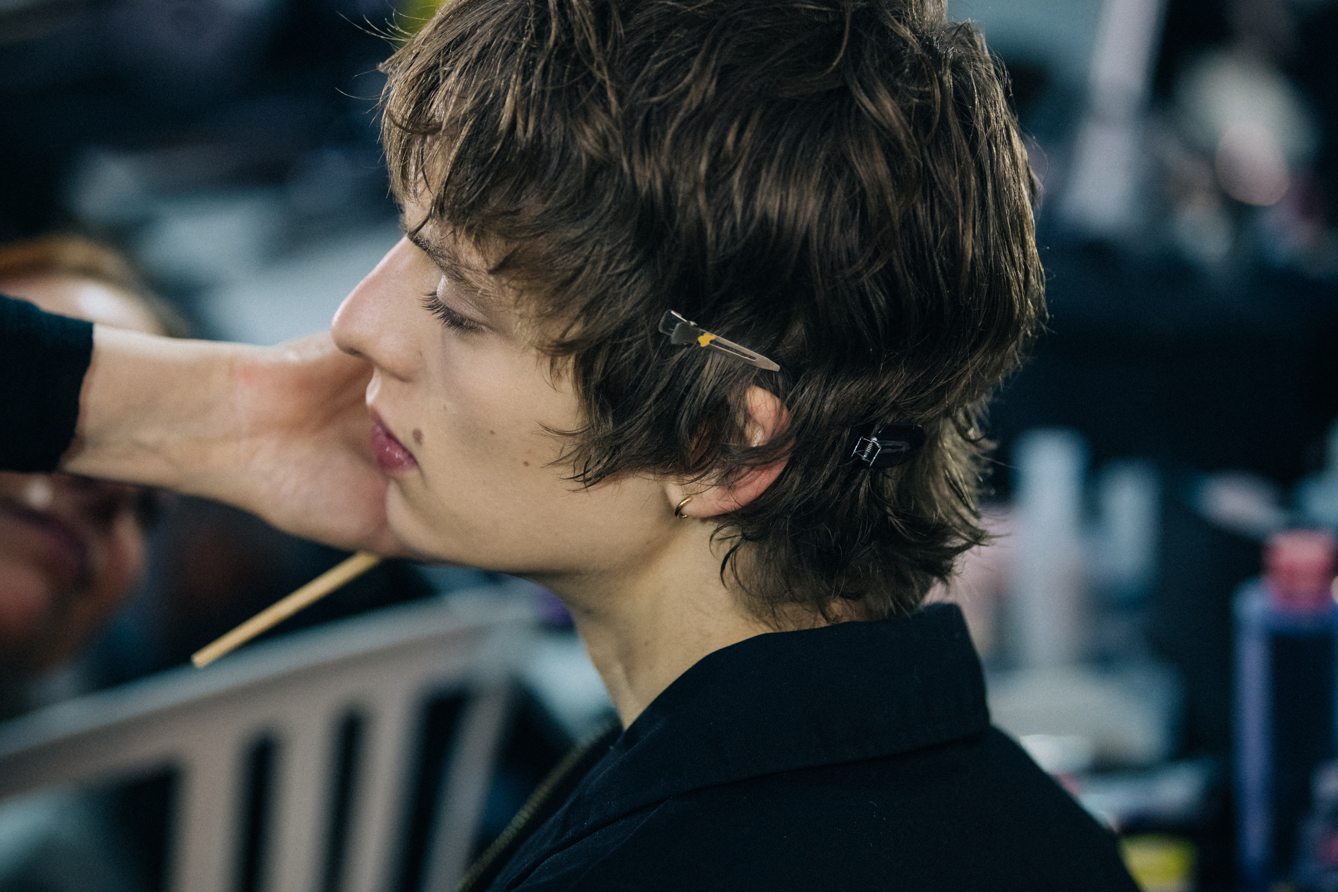 Model Leon Dame backstage at Off-White
