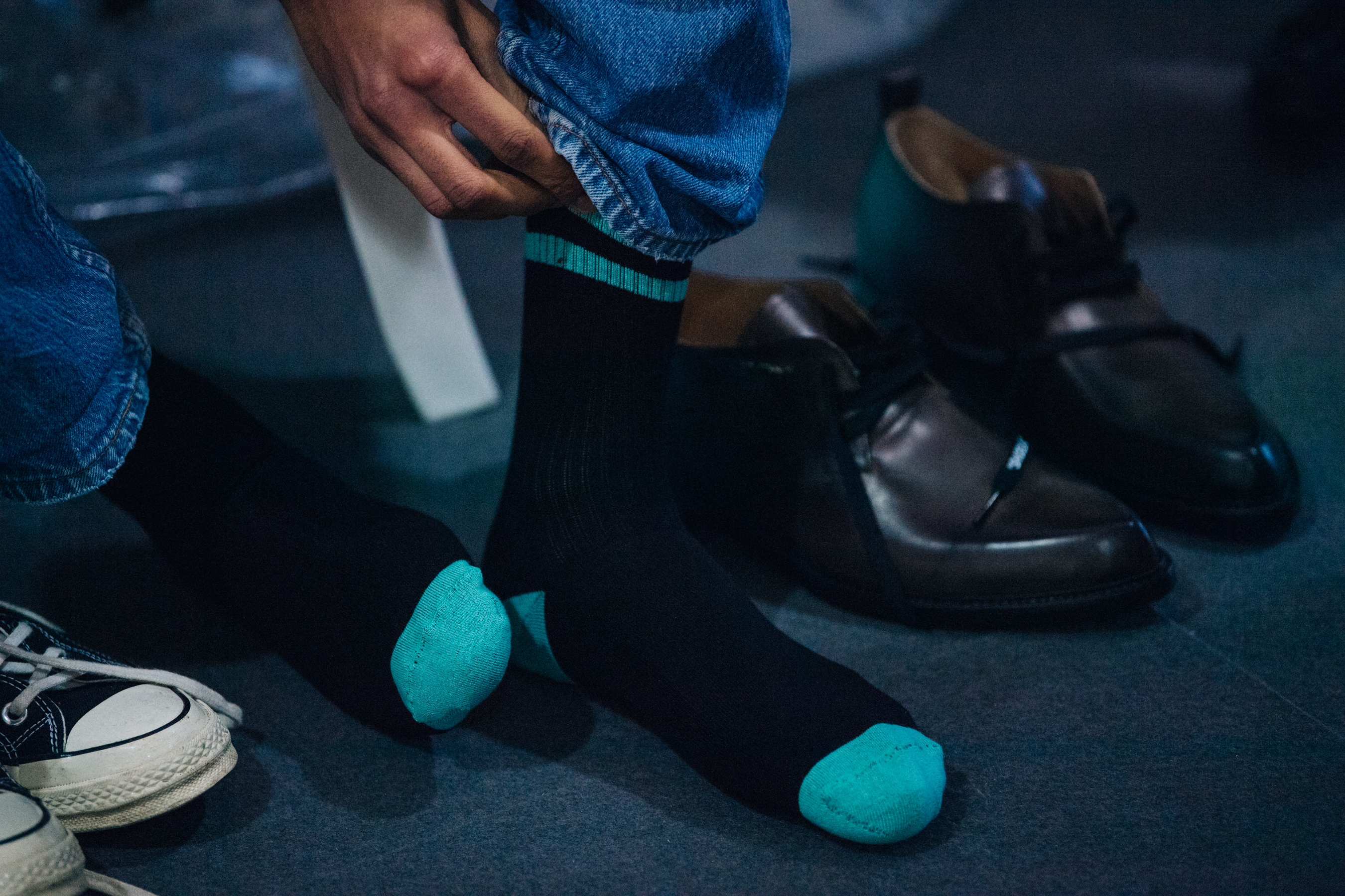 Model wearing Off-White socks
