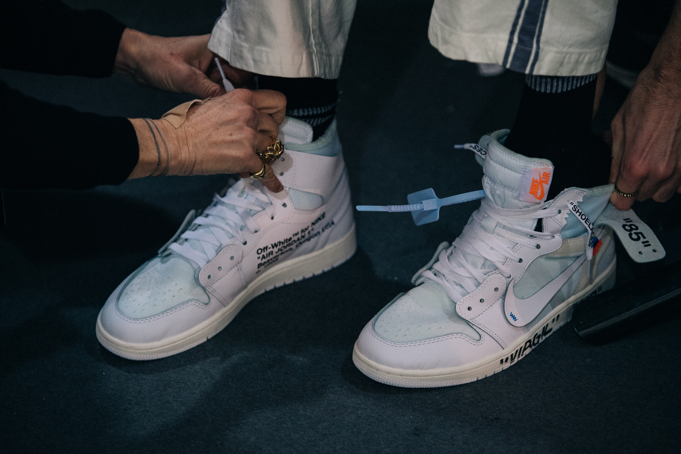 Shoe details backstage at Off-White FW18