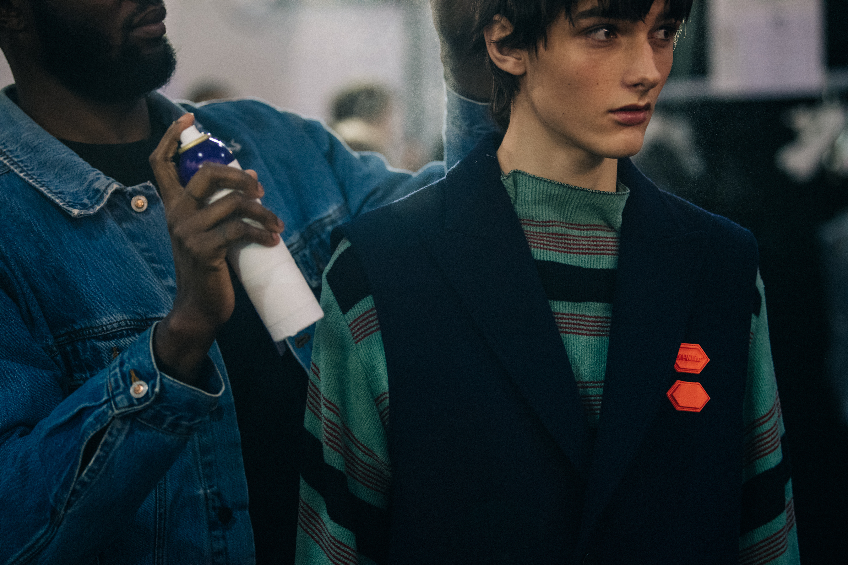 Model wearing blue Off-White jacket