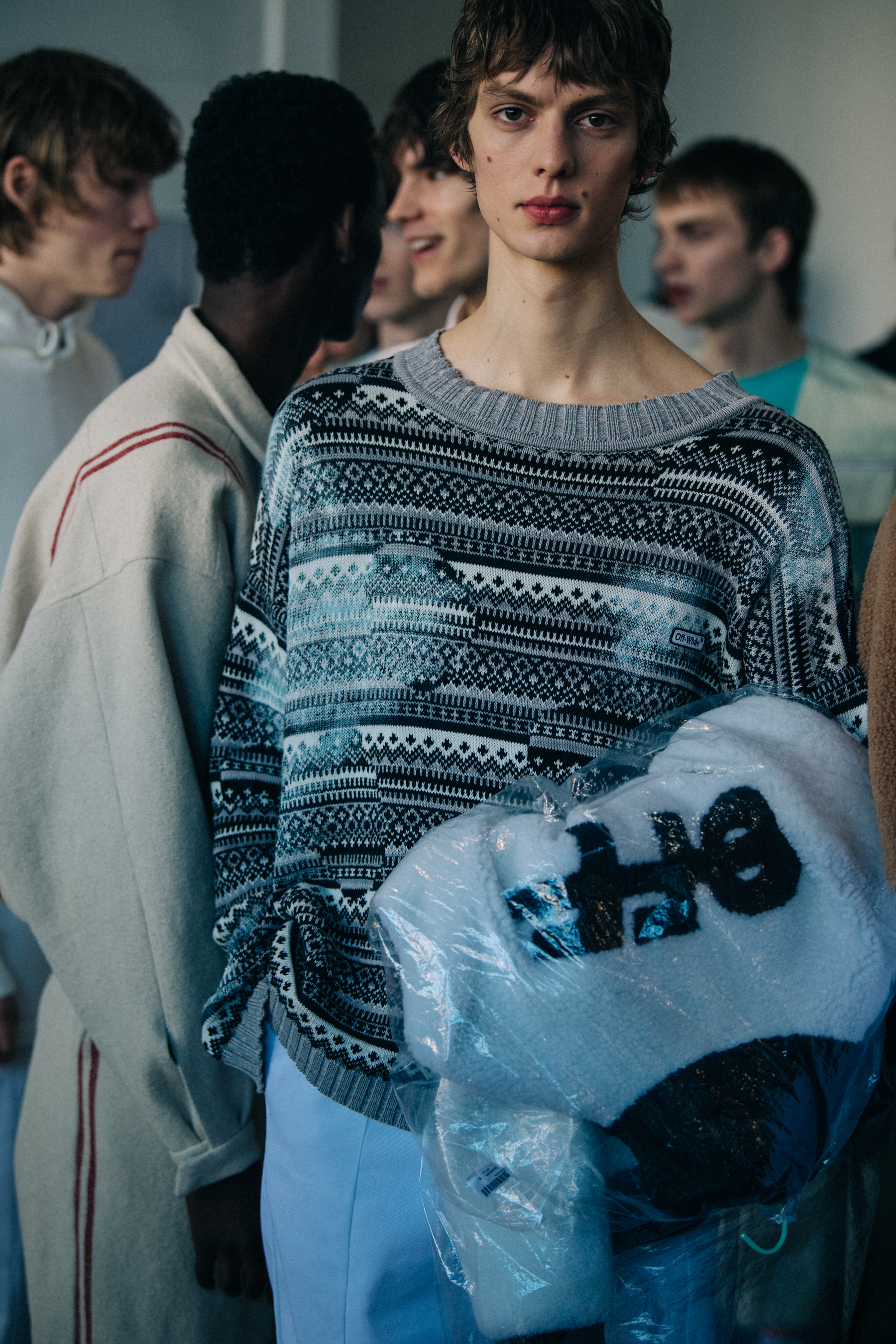 Model Leon Dame backstage at Off-White