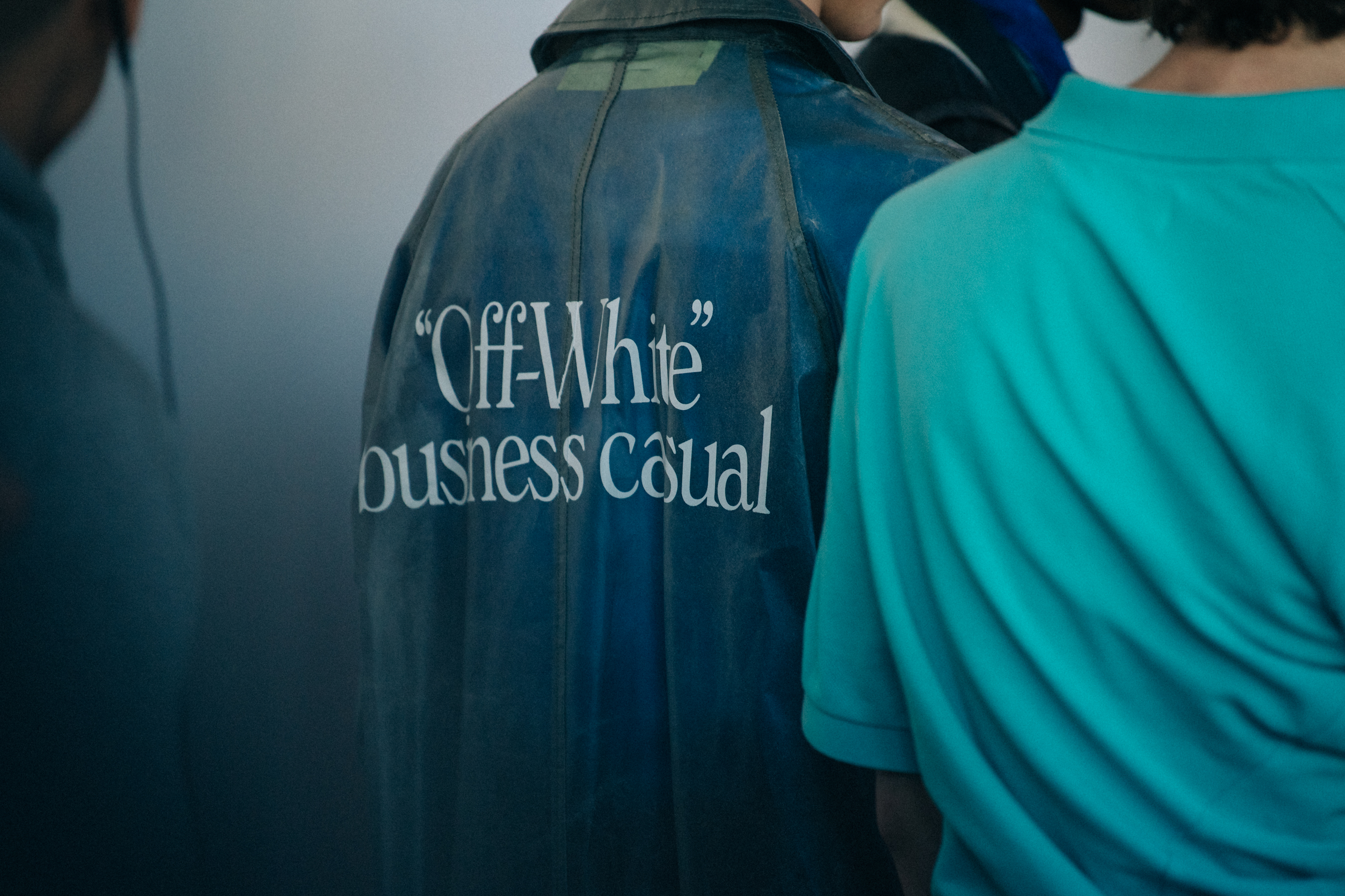 Model wearing blue Off-White jacket