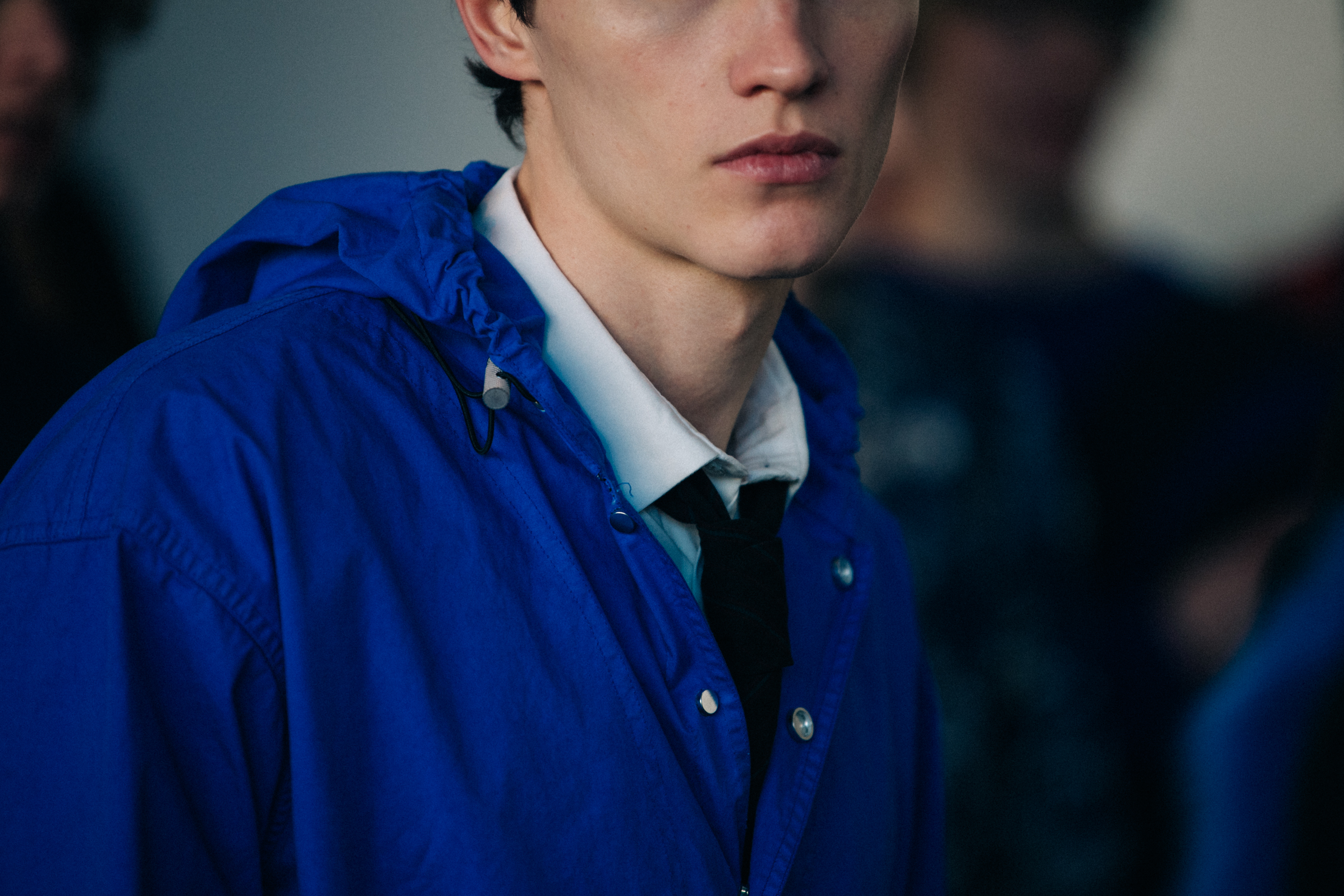 Model wearing blue Off-White jacket