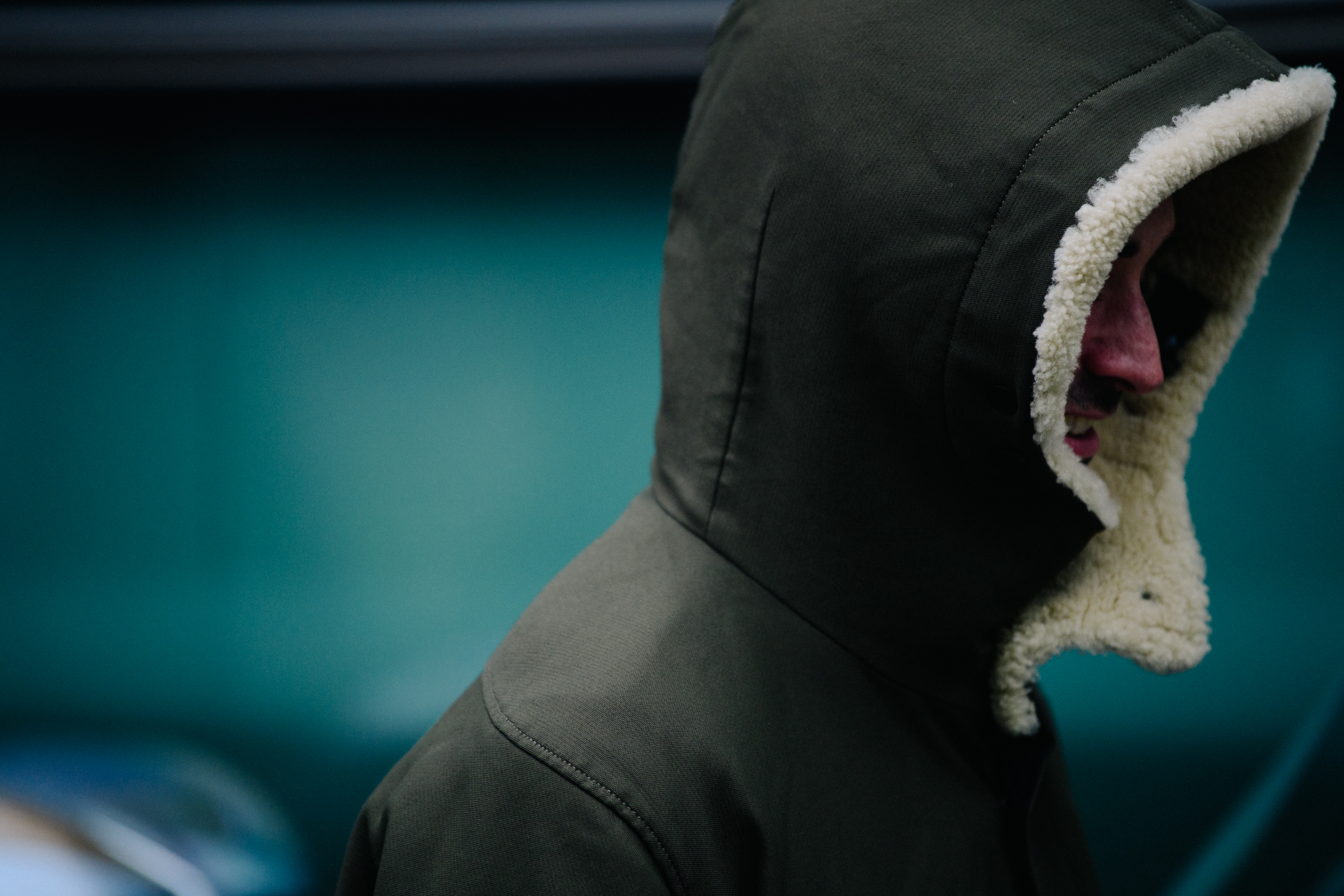 Man wearing shearling hood