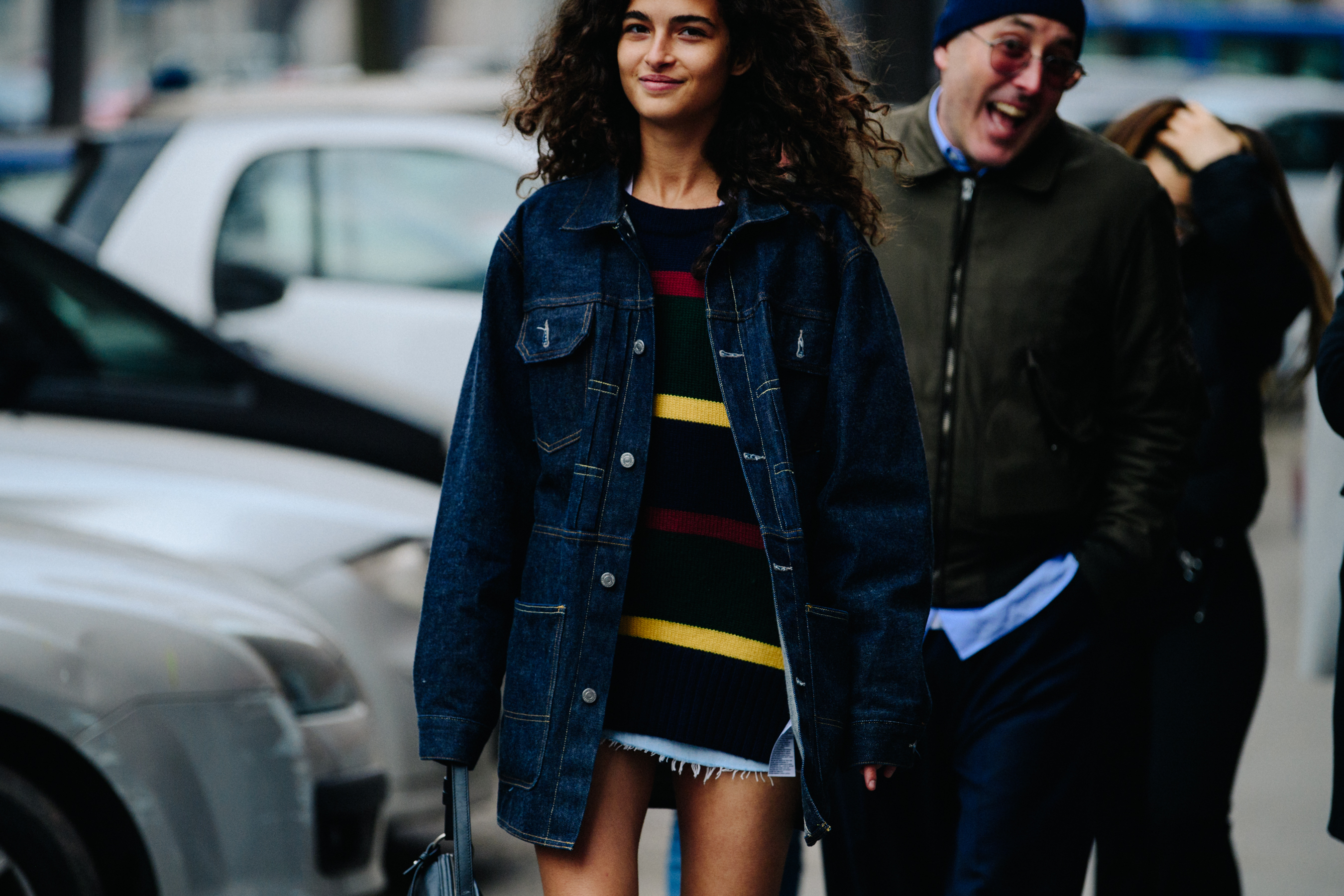 Italian model wearing denim jacket