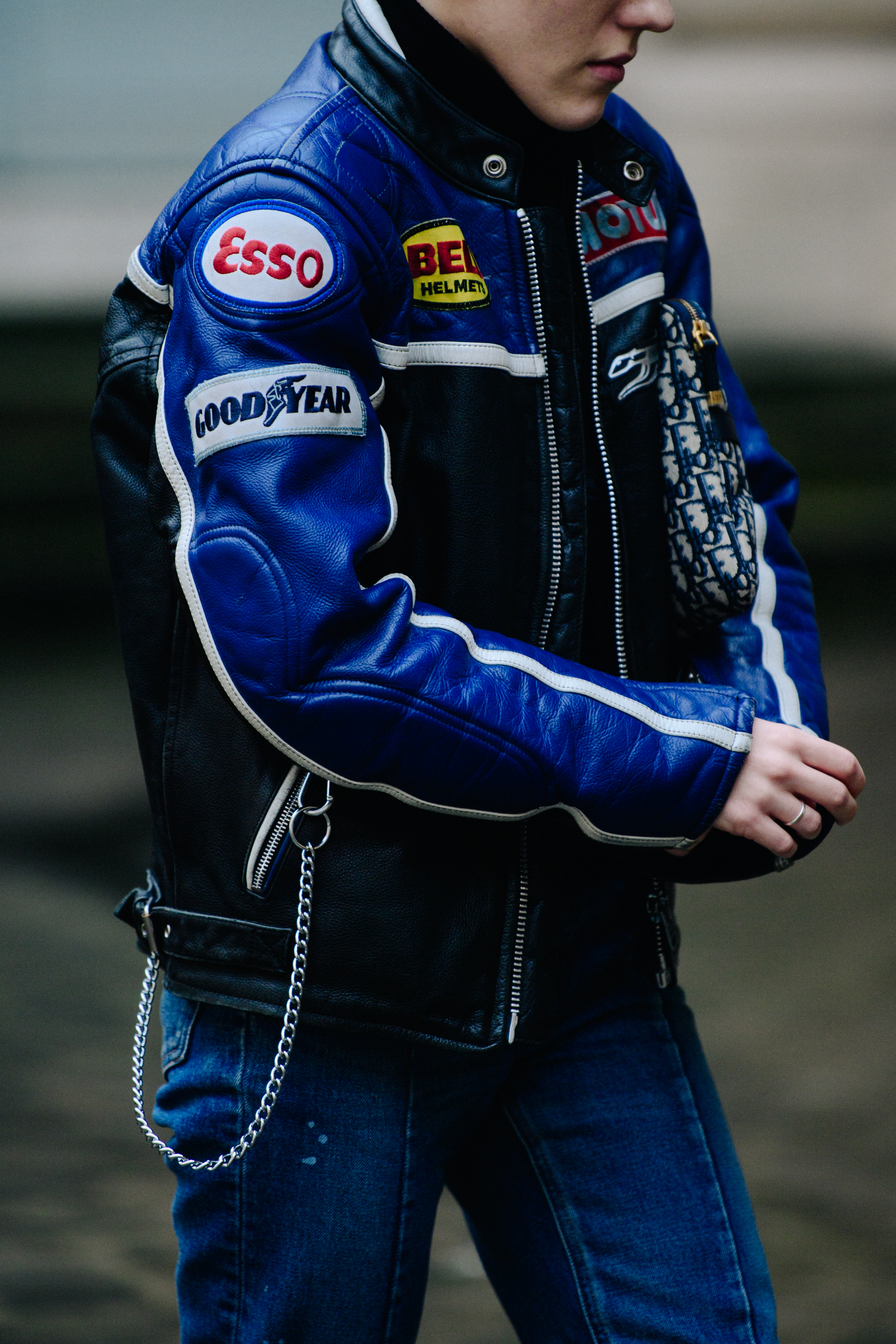 British editor wearing motorcycle jacket