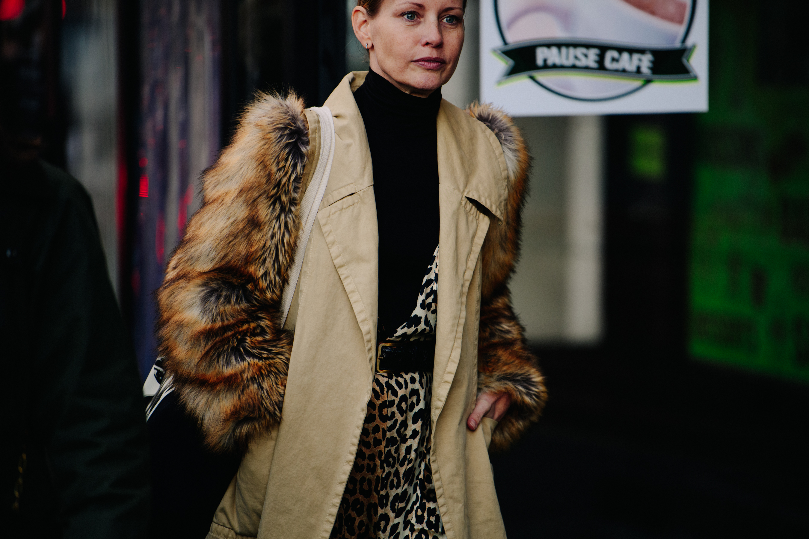 Woman weearing fur sleeve coat