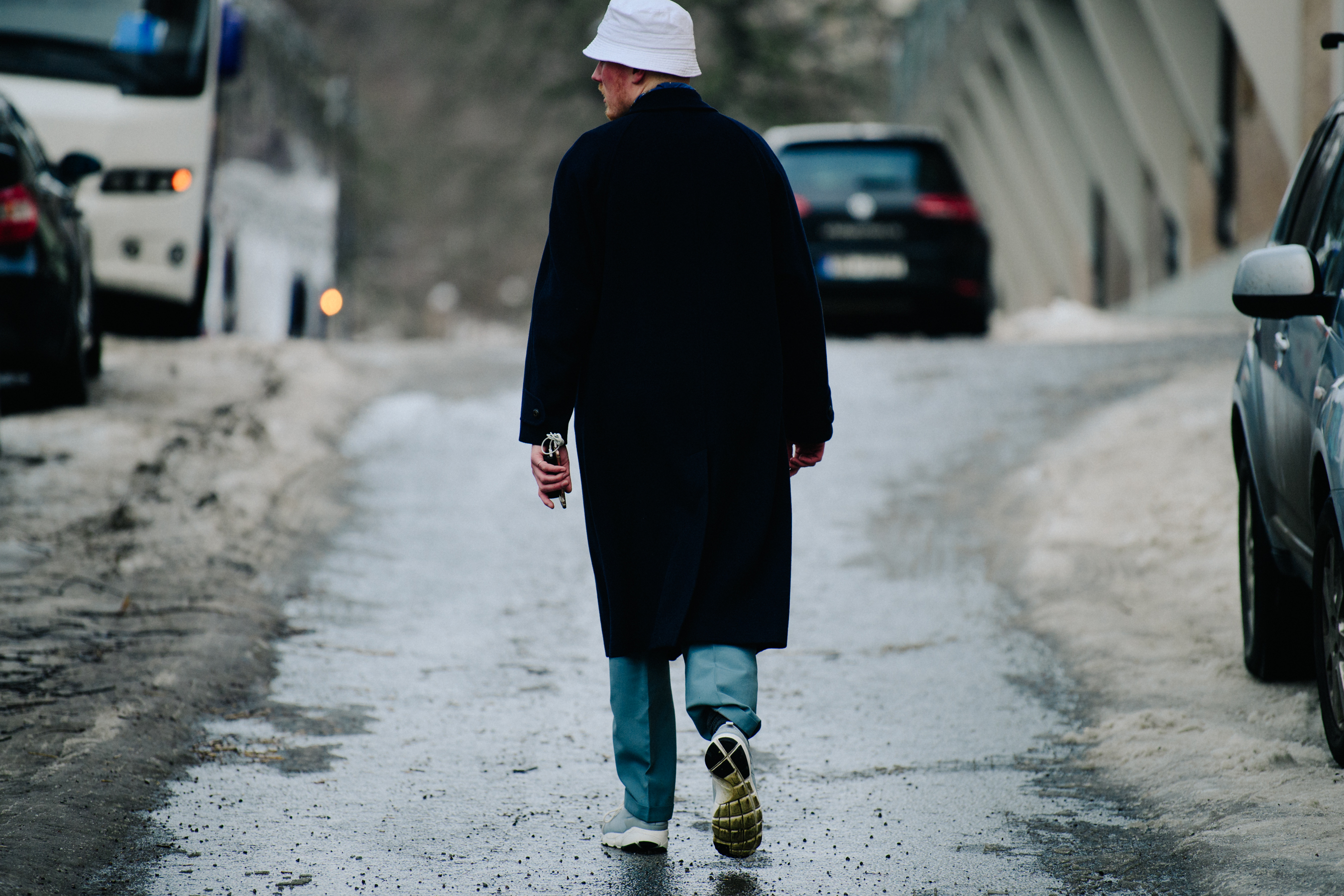 Danish man wearing white bucket hat