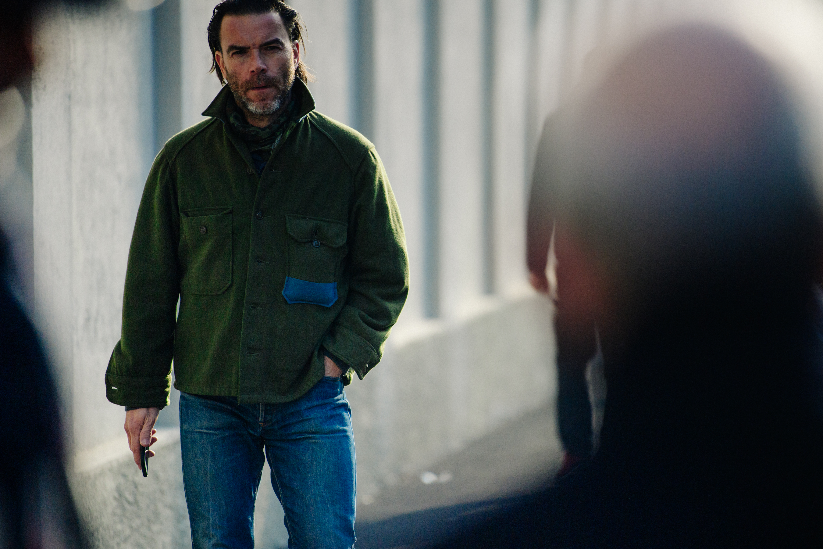 Man wearing green wool jacket