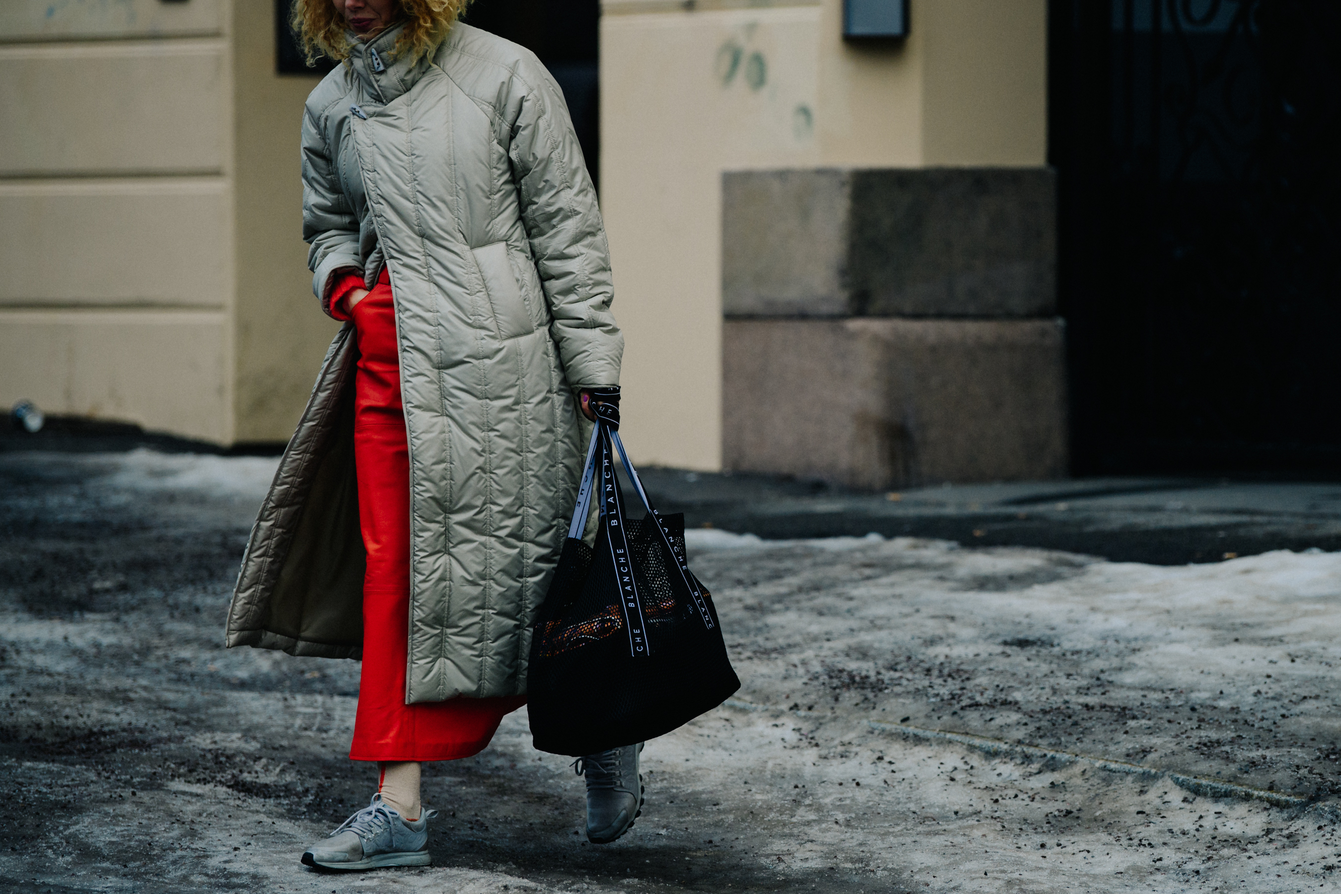 Woman wearing long red skirt