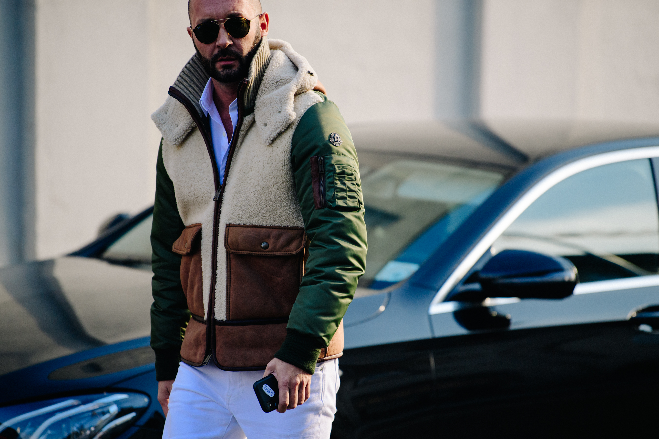 Man wearing shearling Moncler jacket