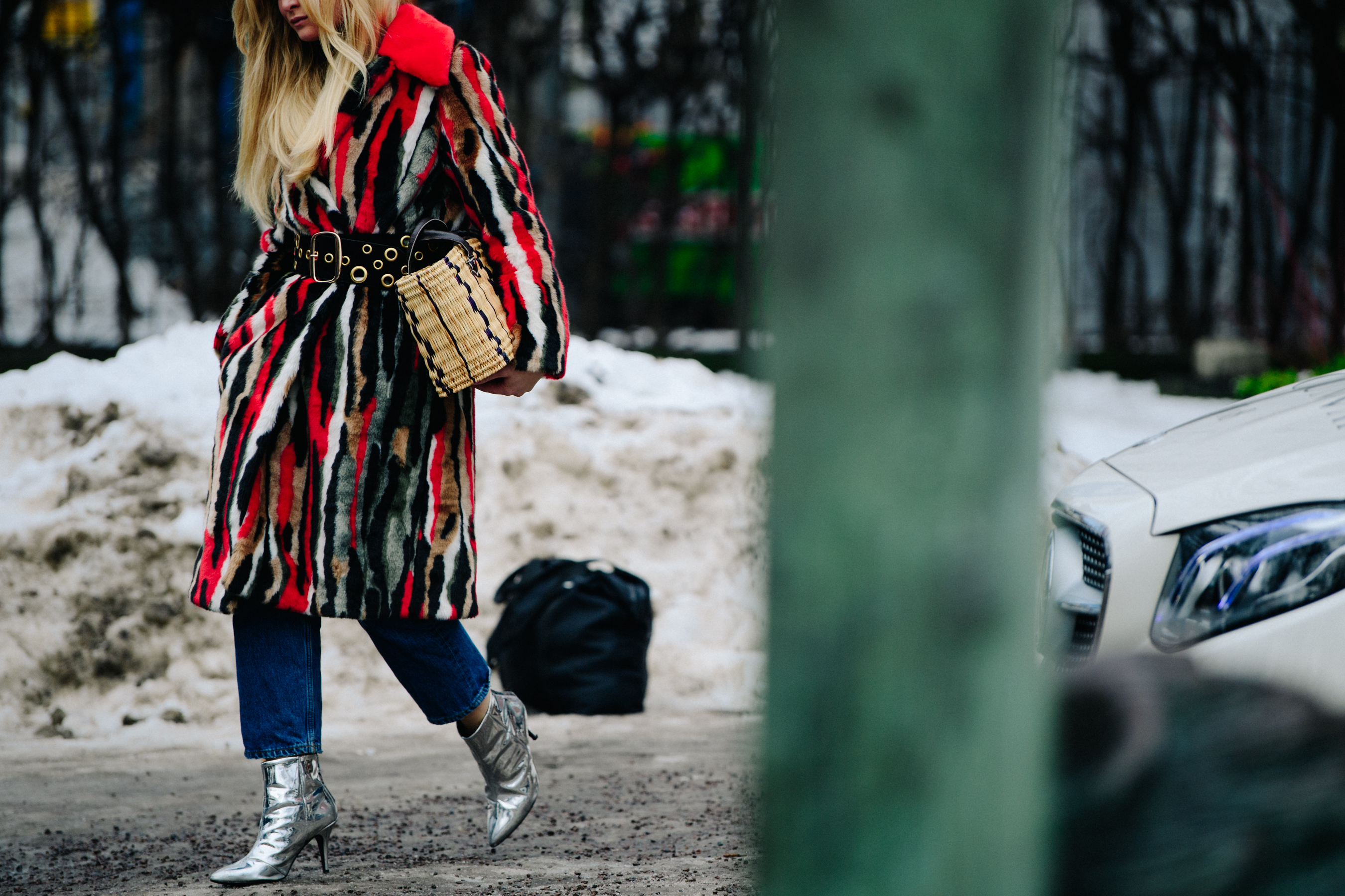 Norwegian editor wearing red fur coat