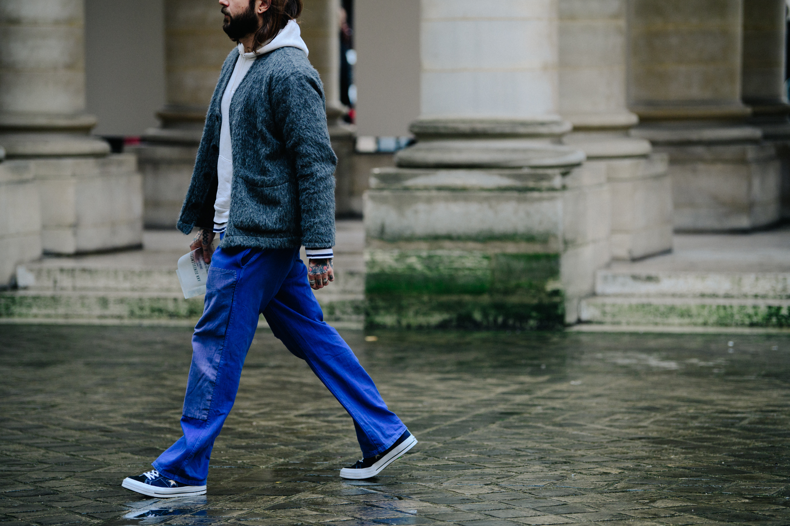 Man wearing grey fleece jacket