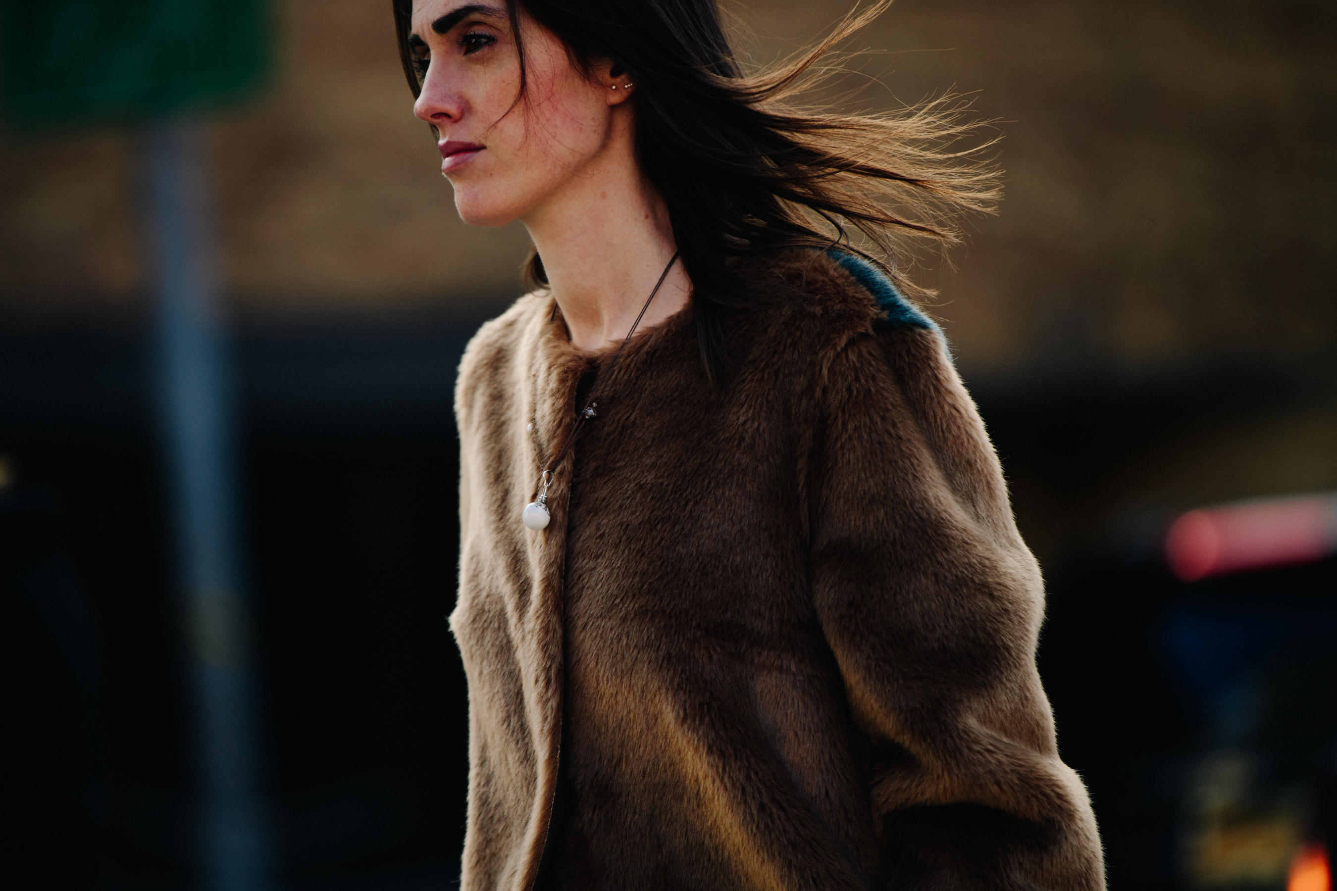 Woman wearing fur jacket