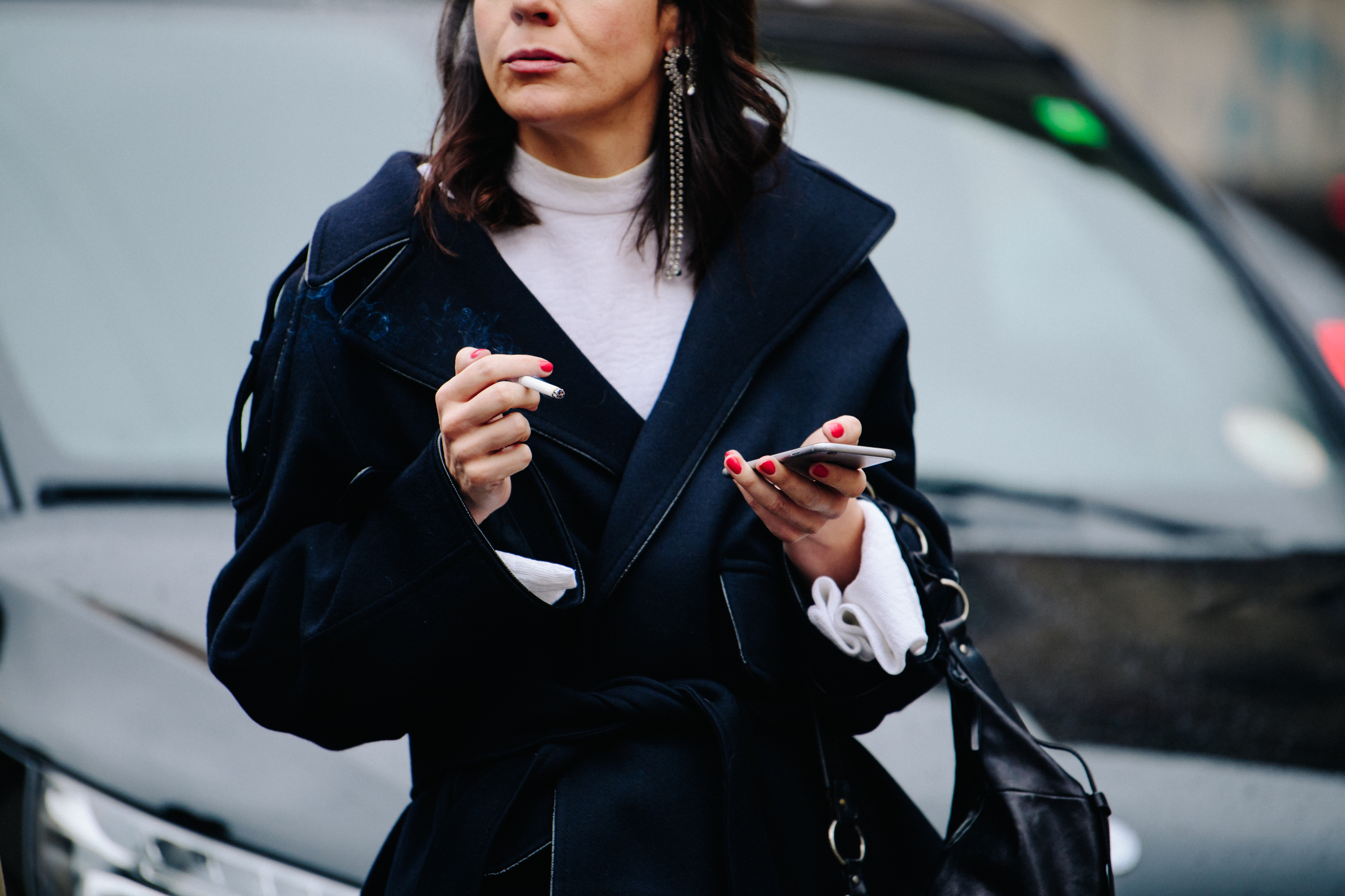 Woman wearing navy wool coat