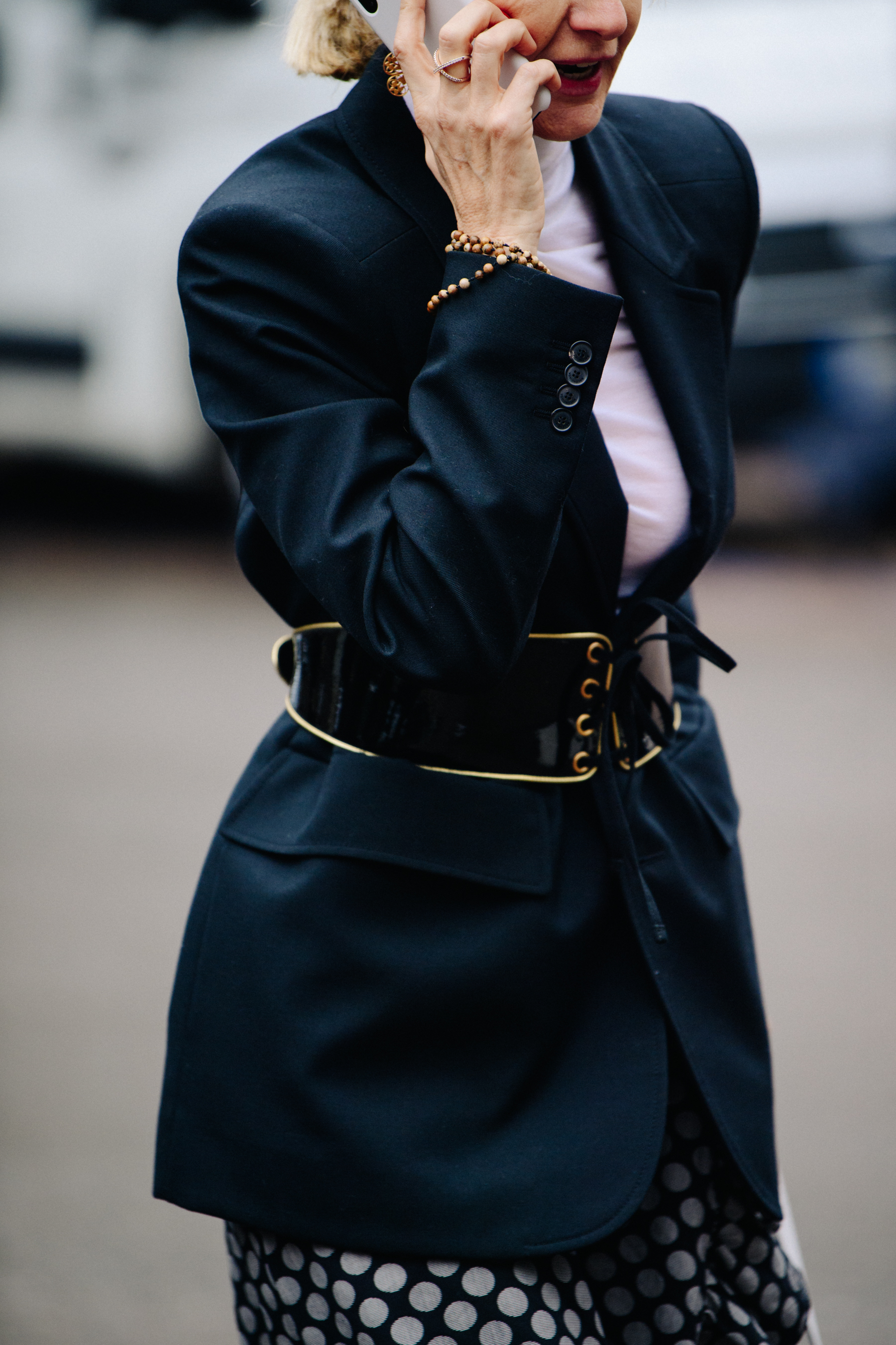 Woman wearing leather corset belt