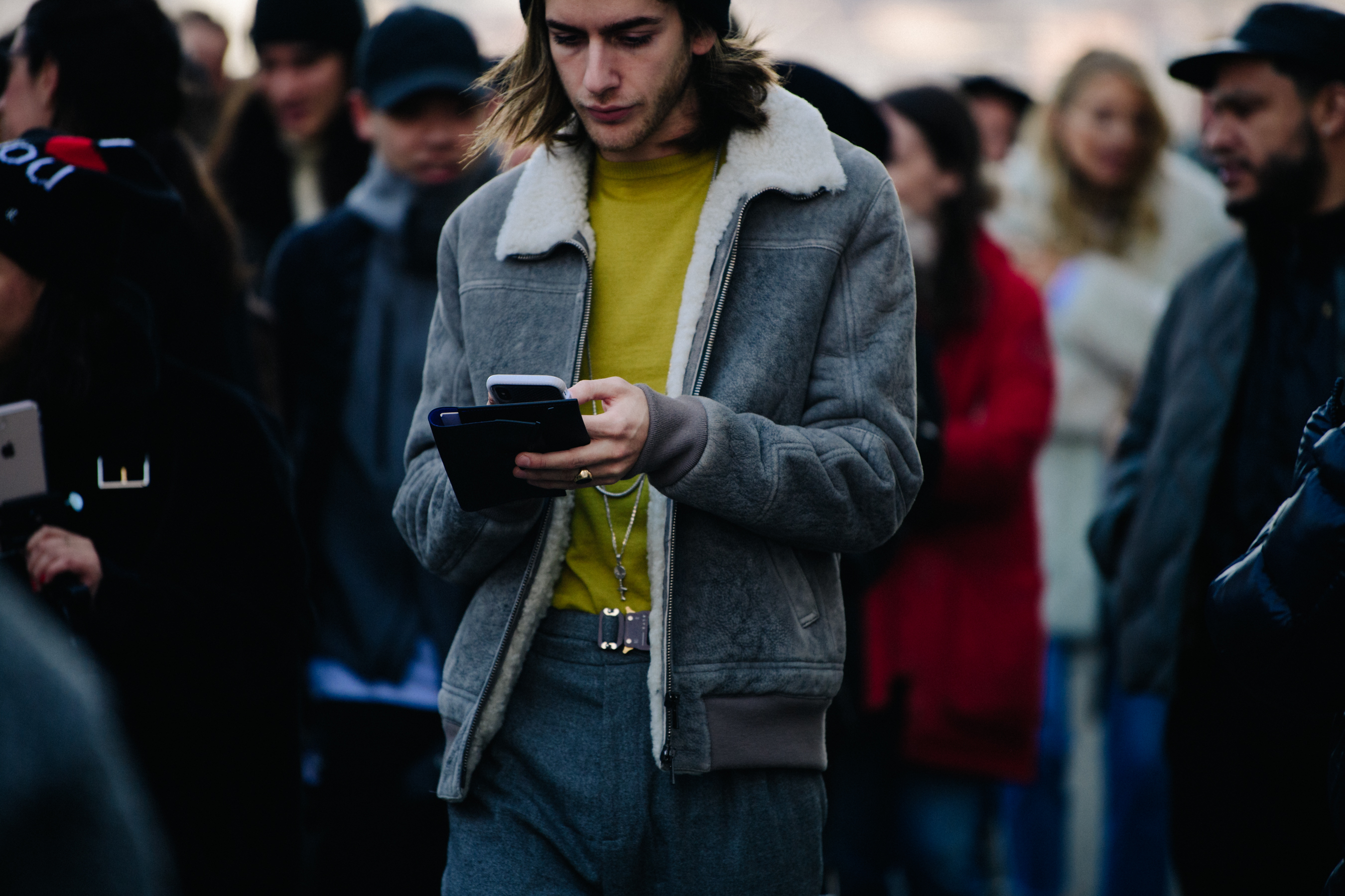 Man wearing grey shearling jacket