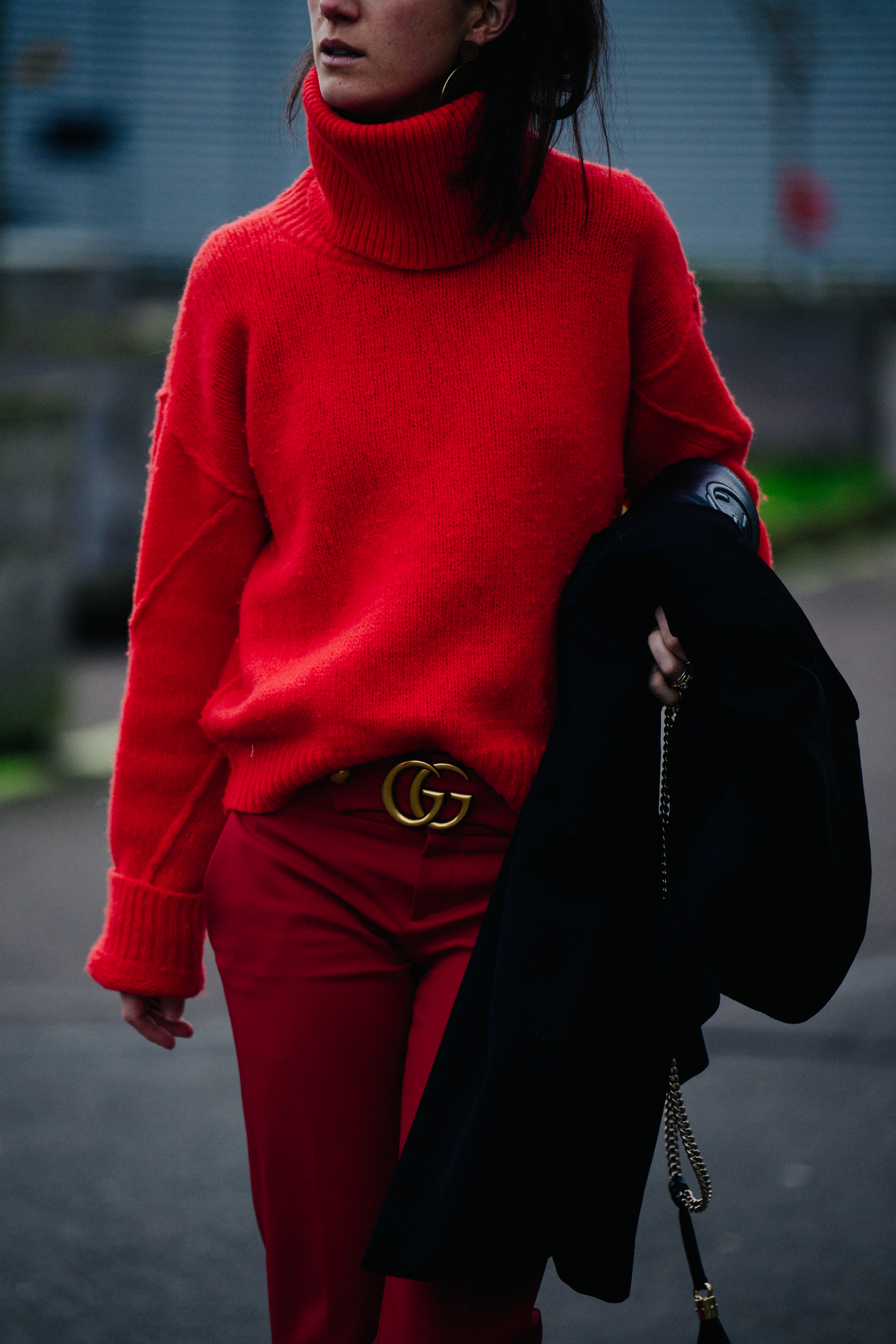 Woman wearing all red outfit