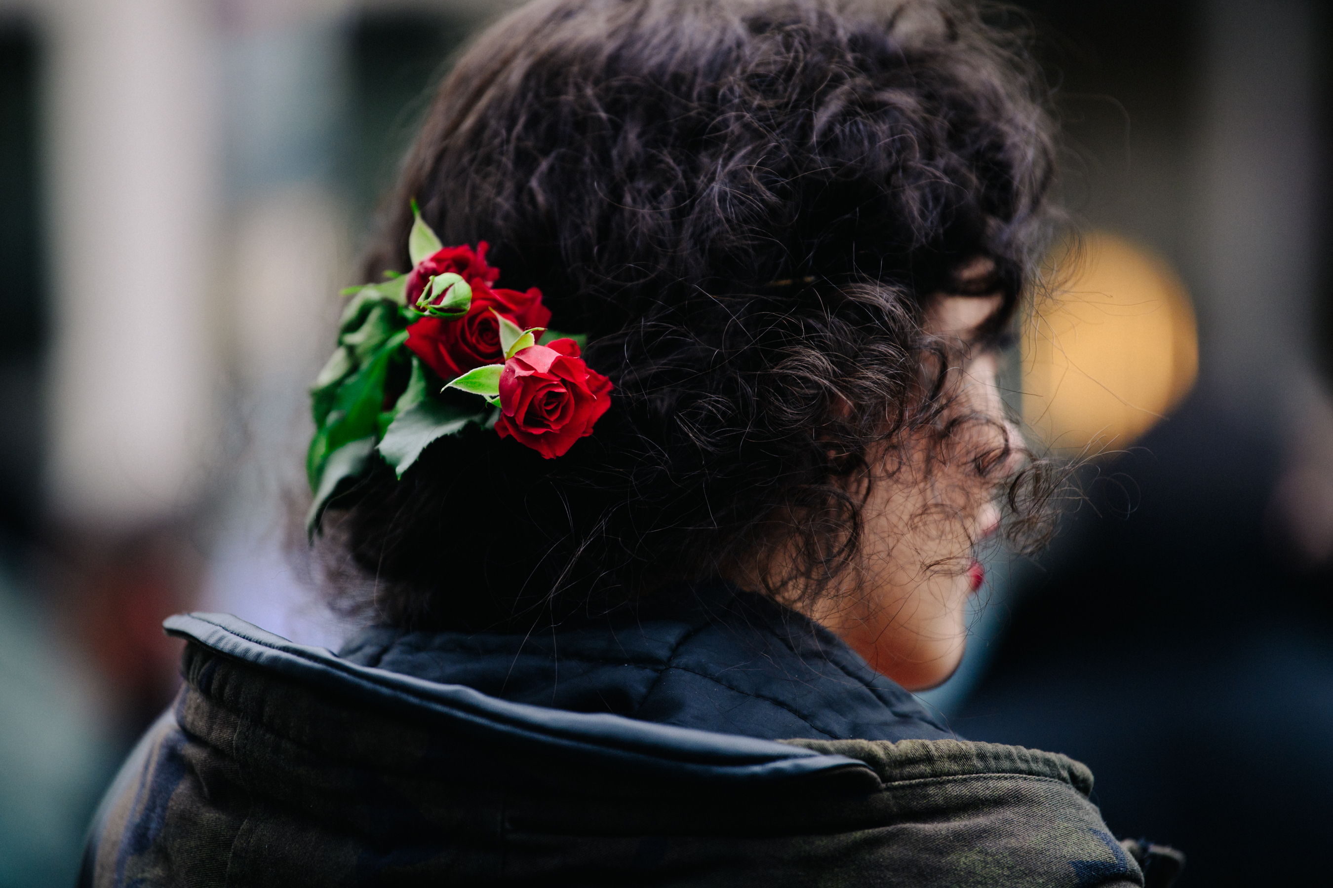 Model wearing roses in her hair