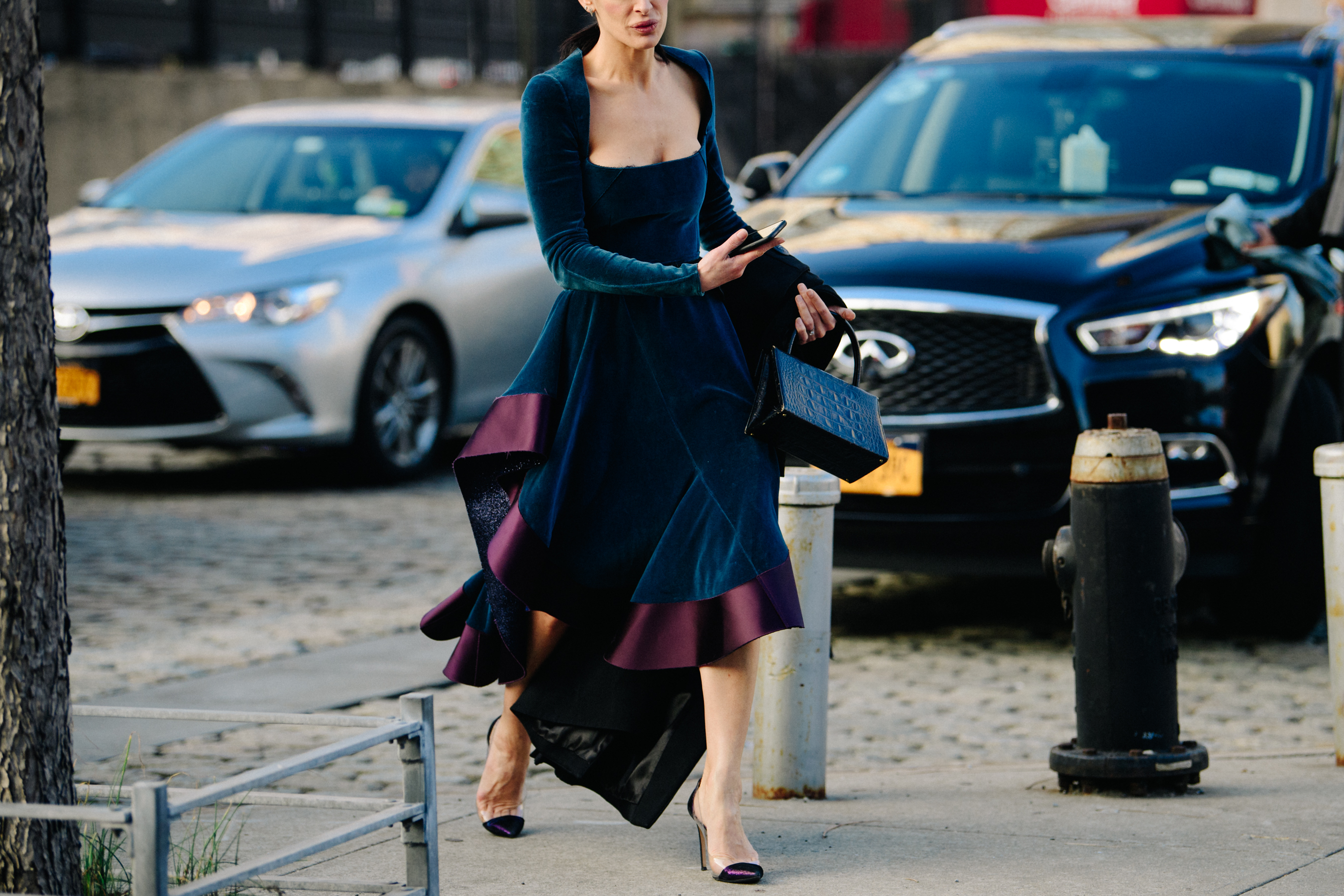 Woman wearing long velvet dress