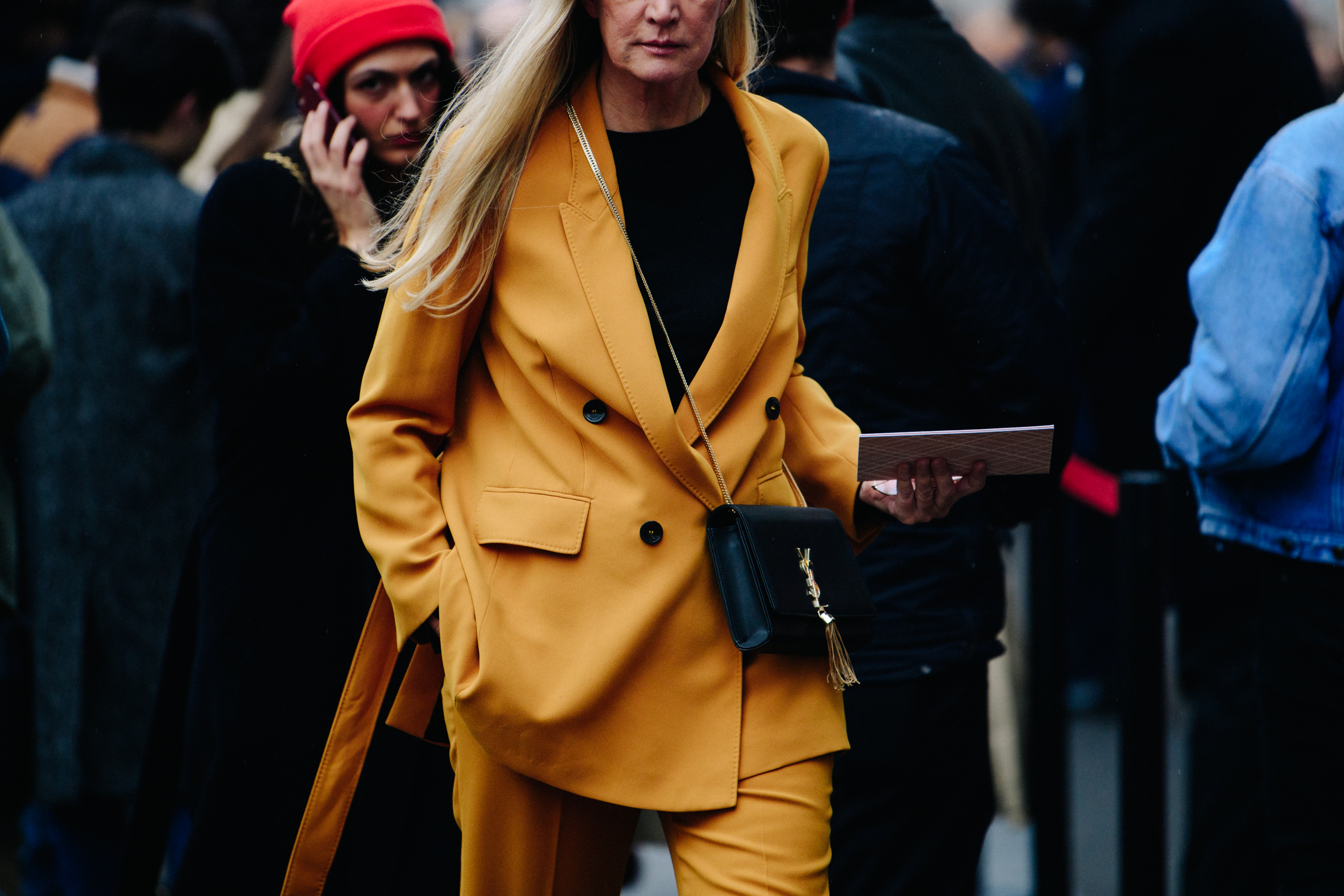 Woman wearing bright yellow suit