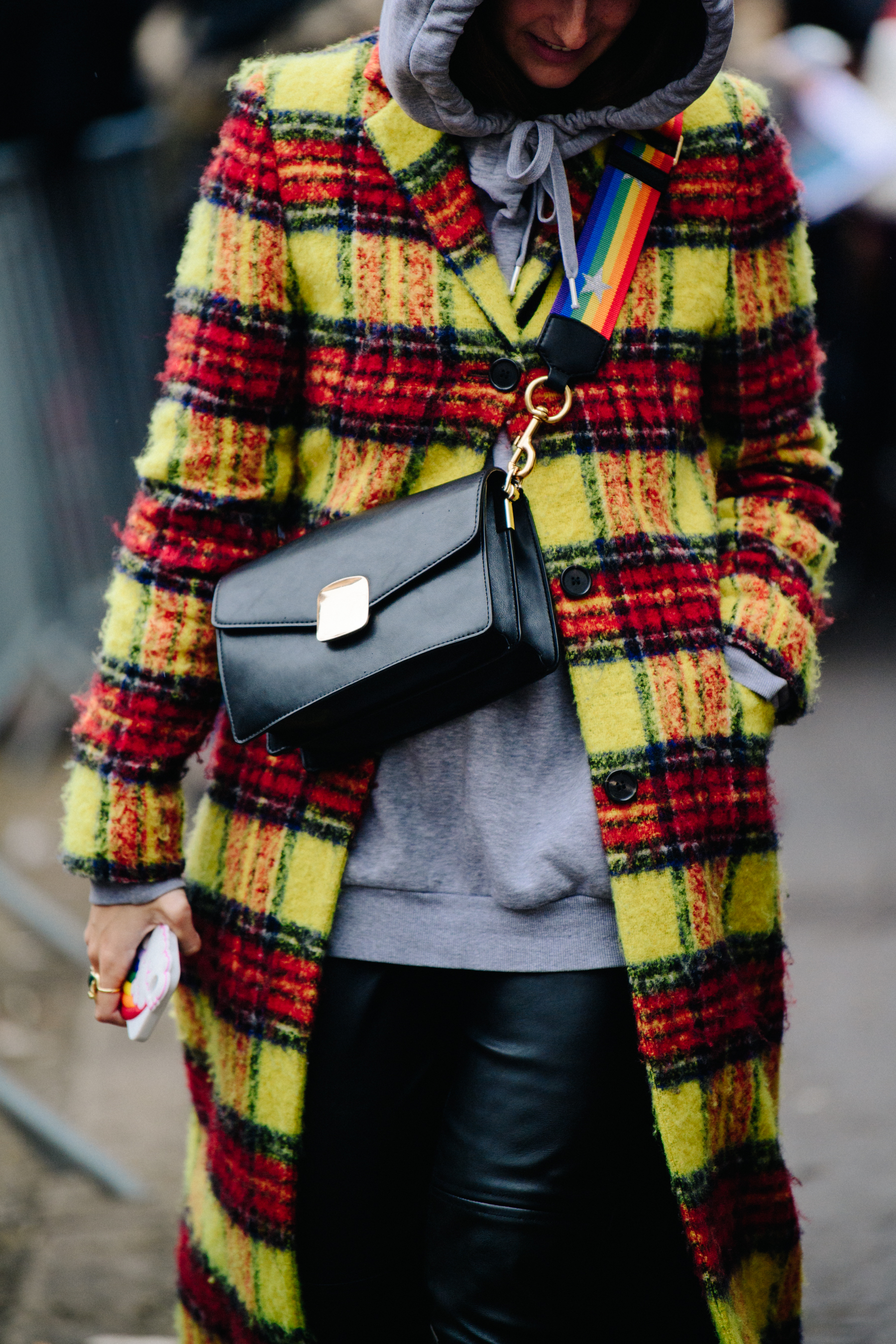 Woman wearing colourful wool coat