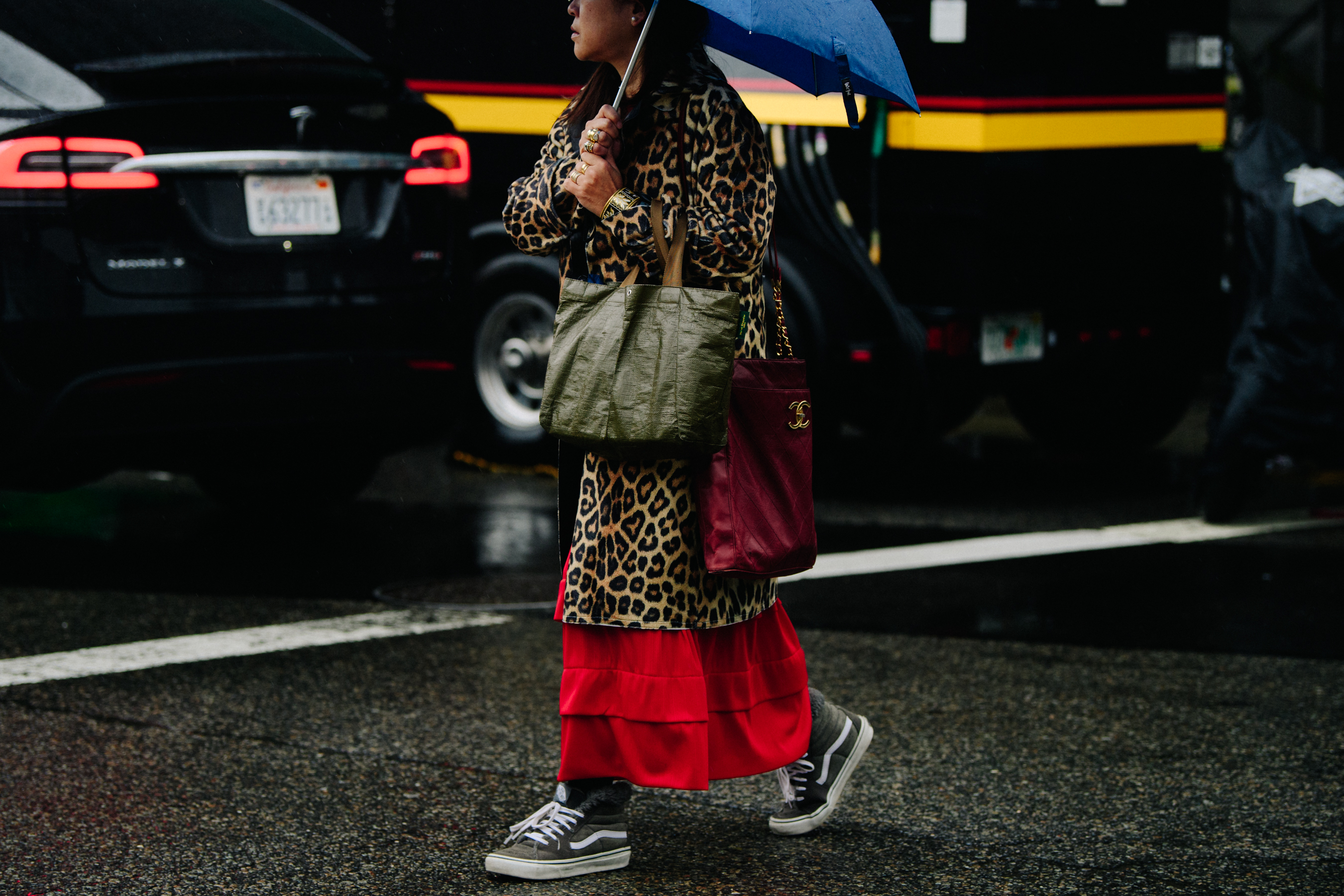 Woman wearing animal print coat