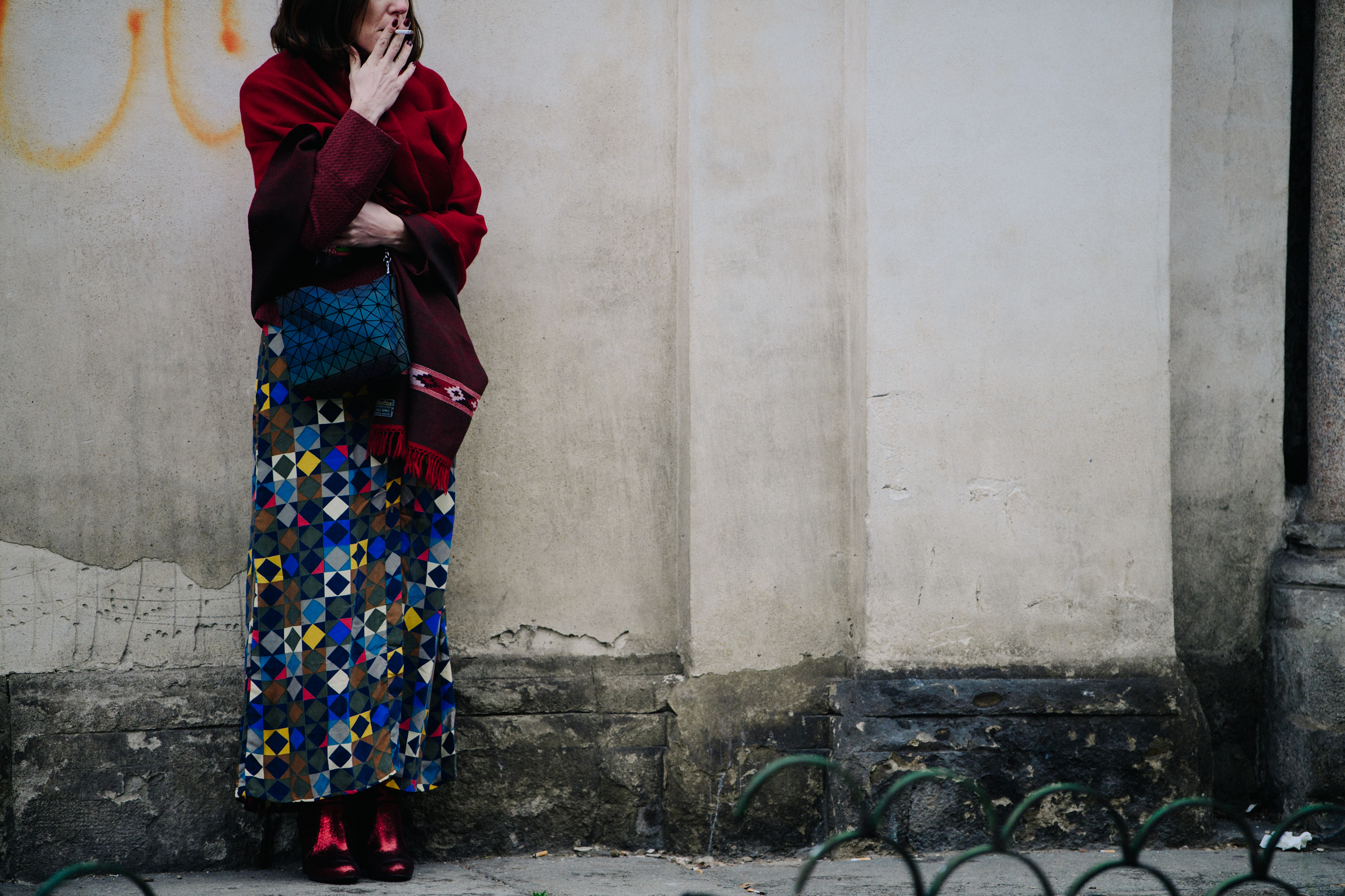 Woman wearing patterned red dress