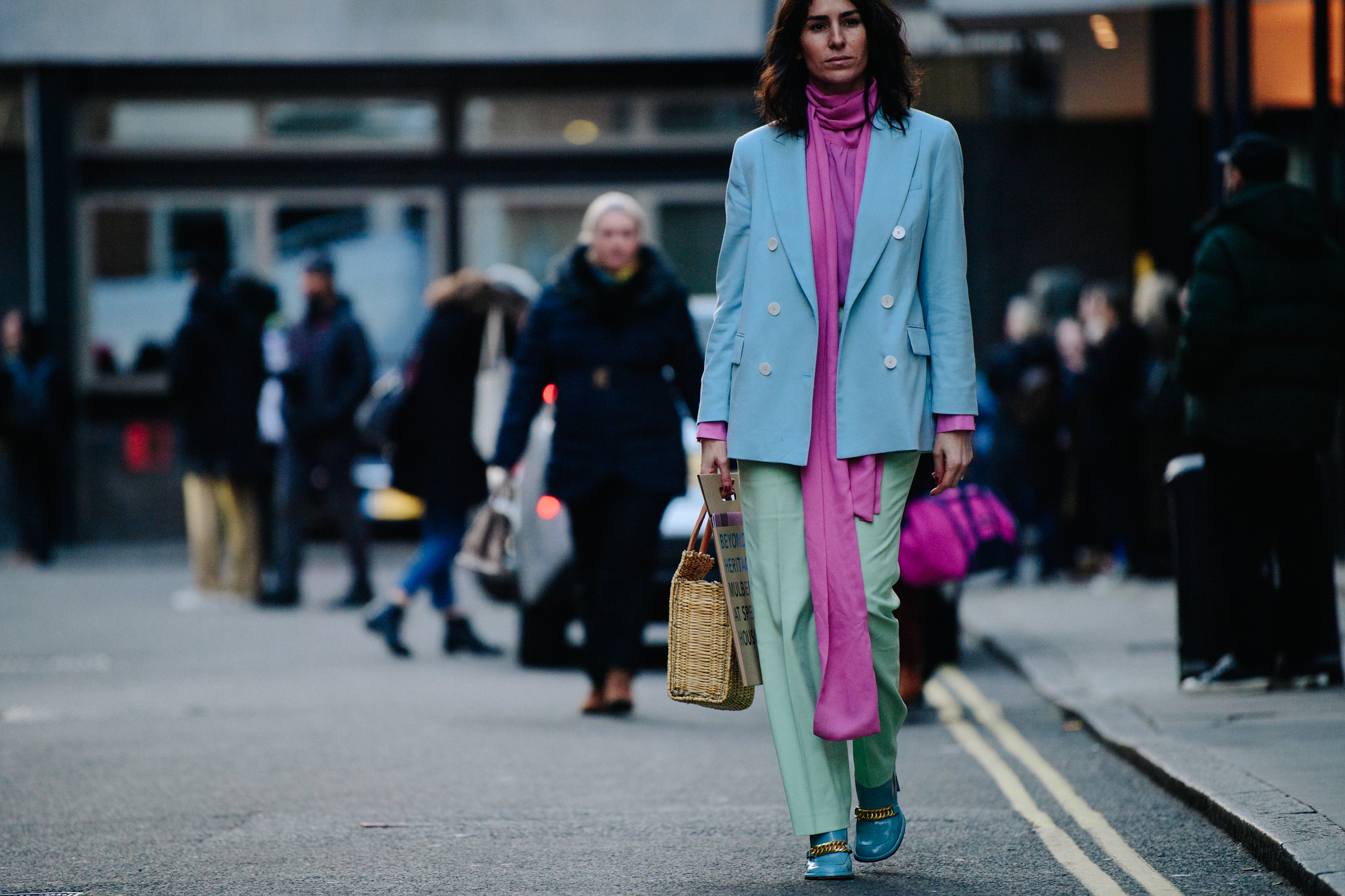 Woman wearing blue and green outfit