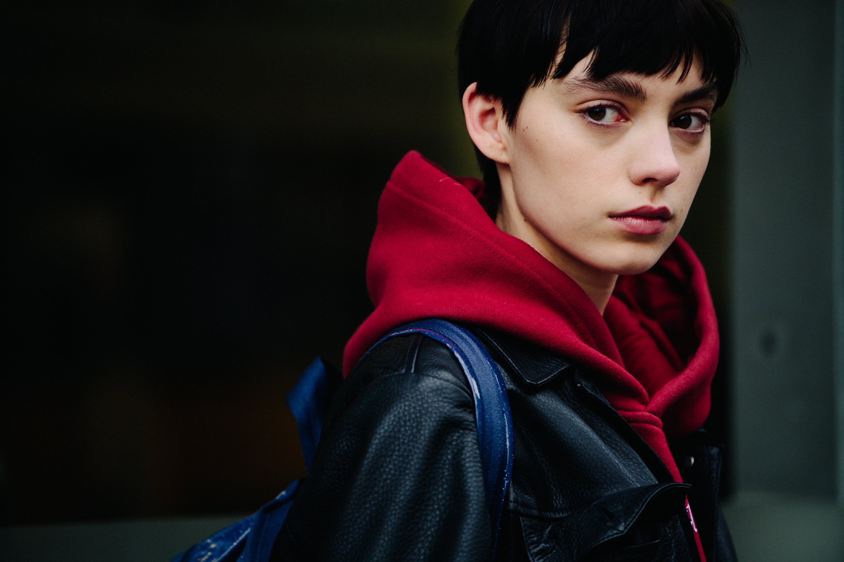 Model wearing red hoody