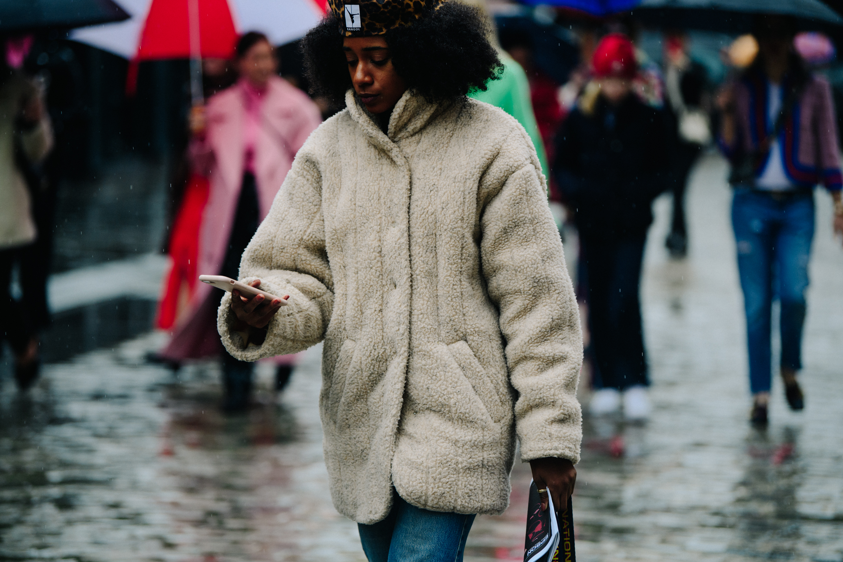 Woman wearing sheep wool jacket