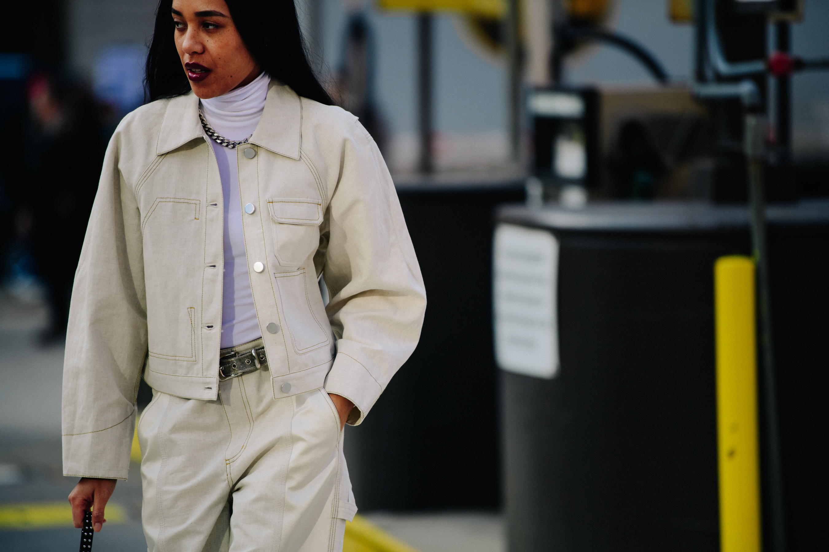 Woman wearing white denim outfit