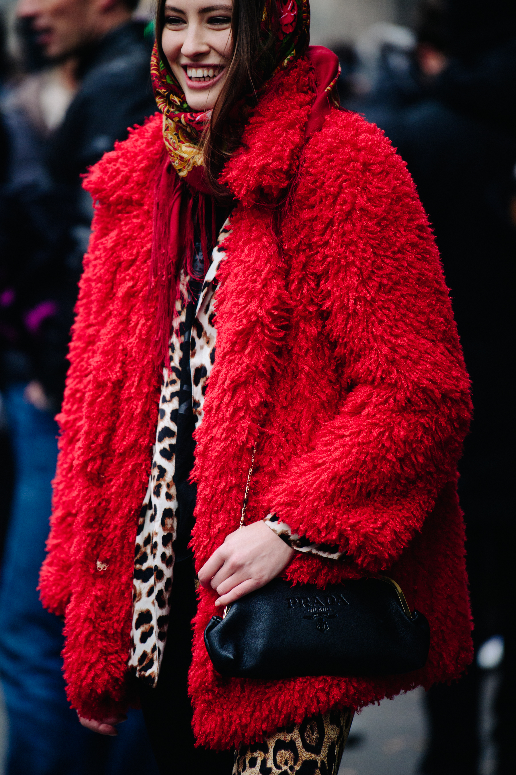 Russian model wearing red fur coat