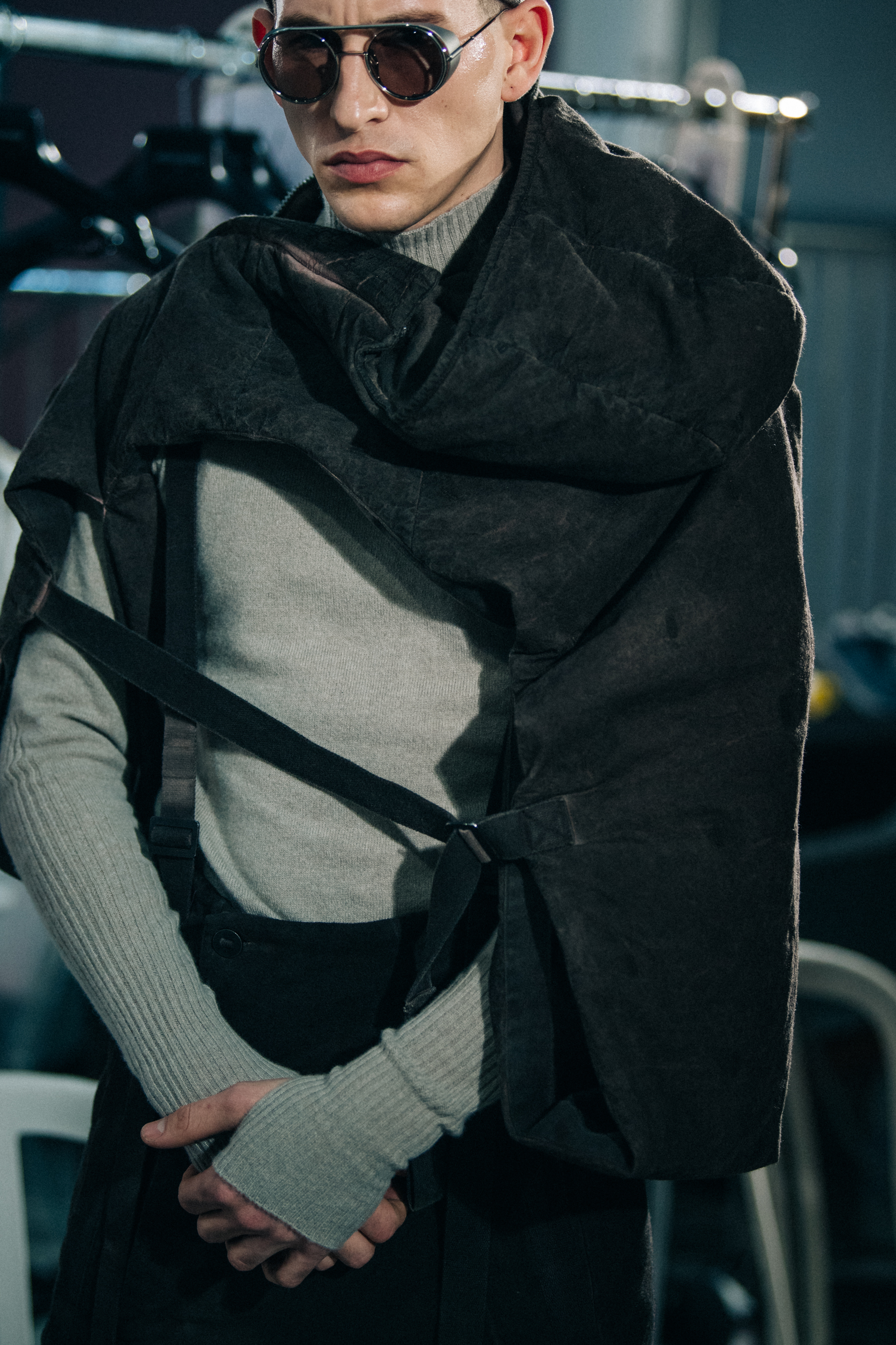 Model wearing Boris BIdjan Saberi coat backstage