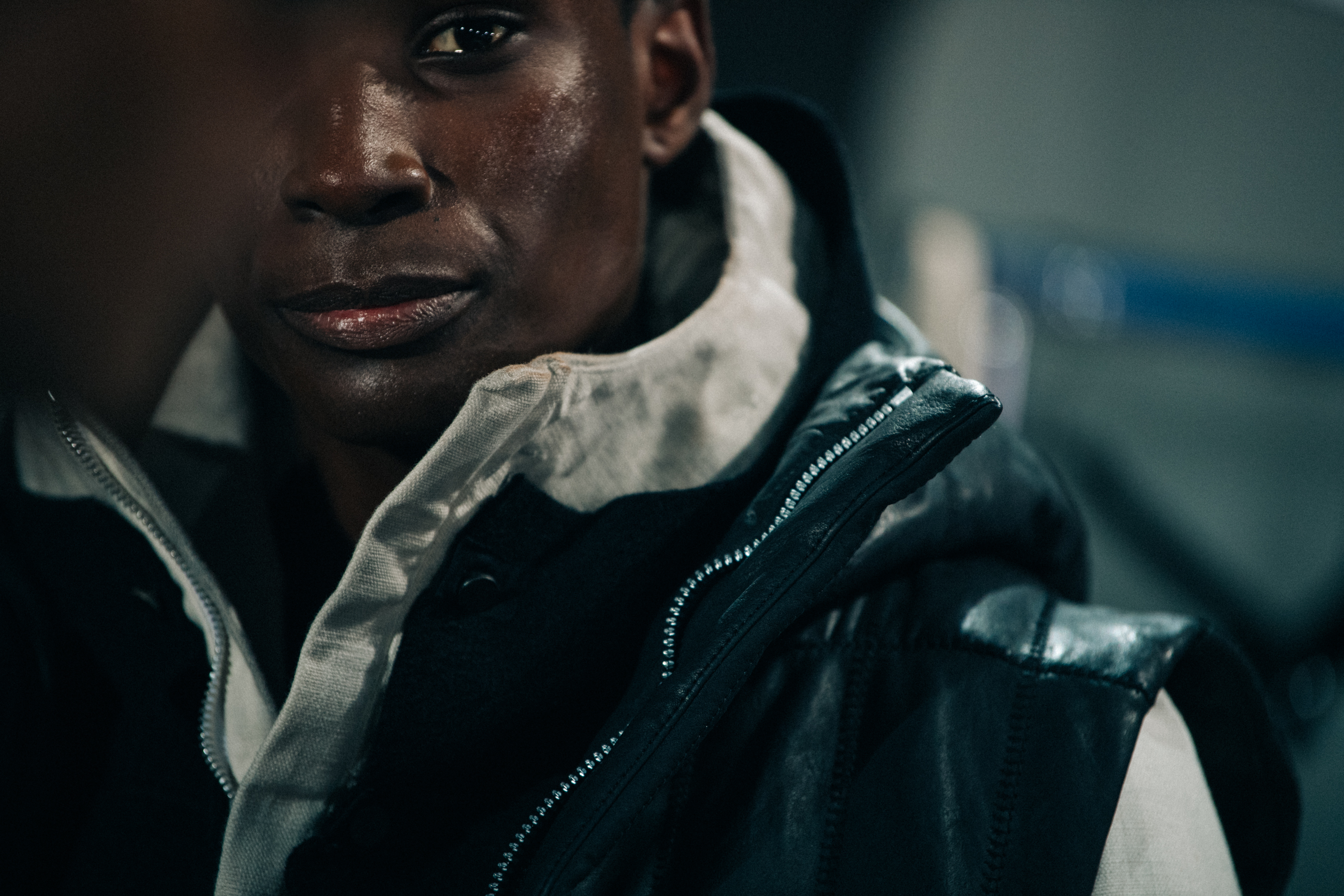 Model wearing Boris BIdjan Saberi coat backstage