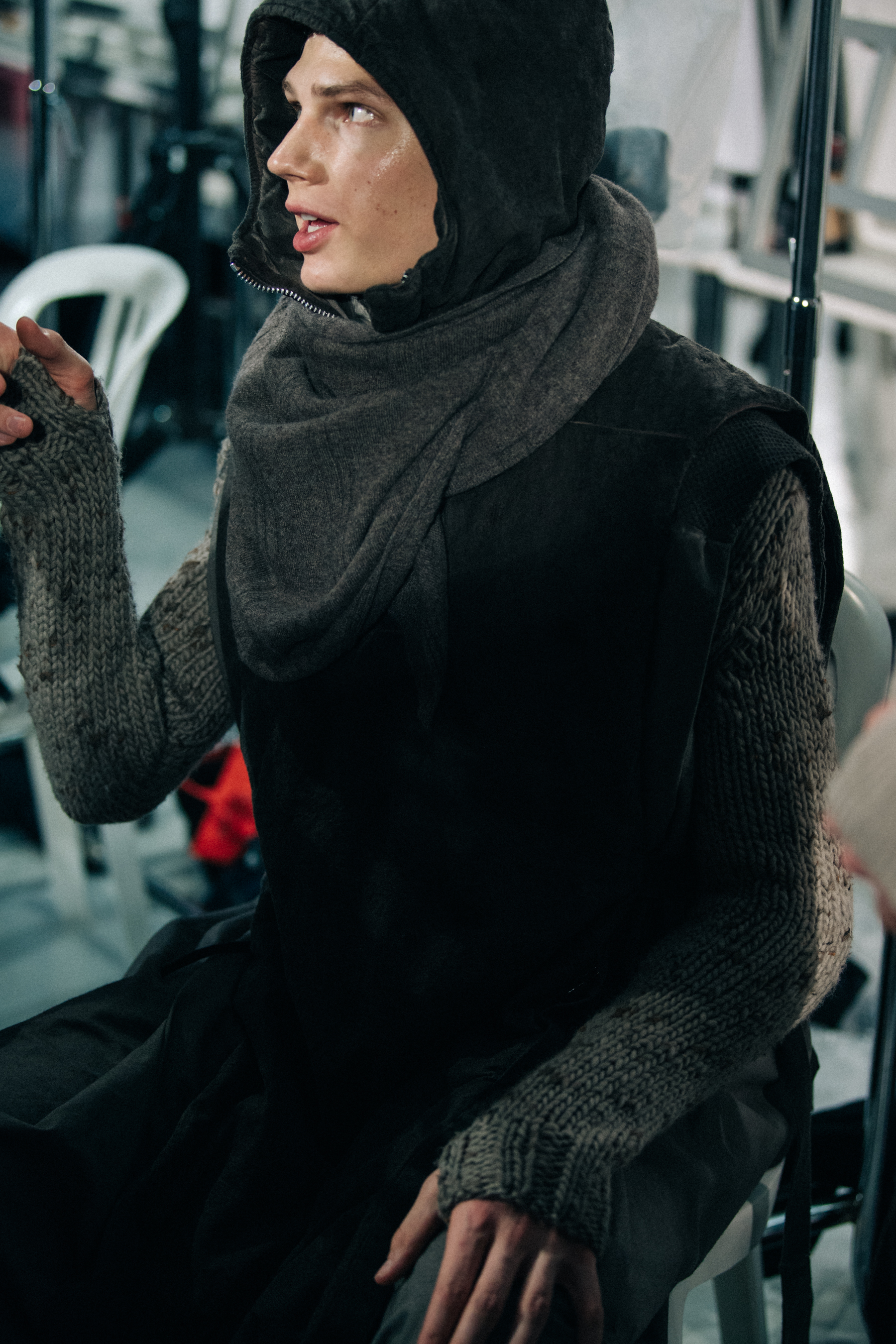 Model wearing Boris BIdjan Saberi coat backstage