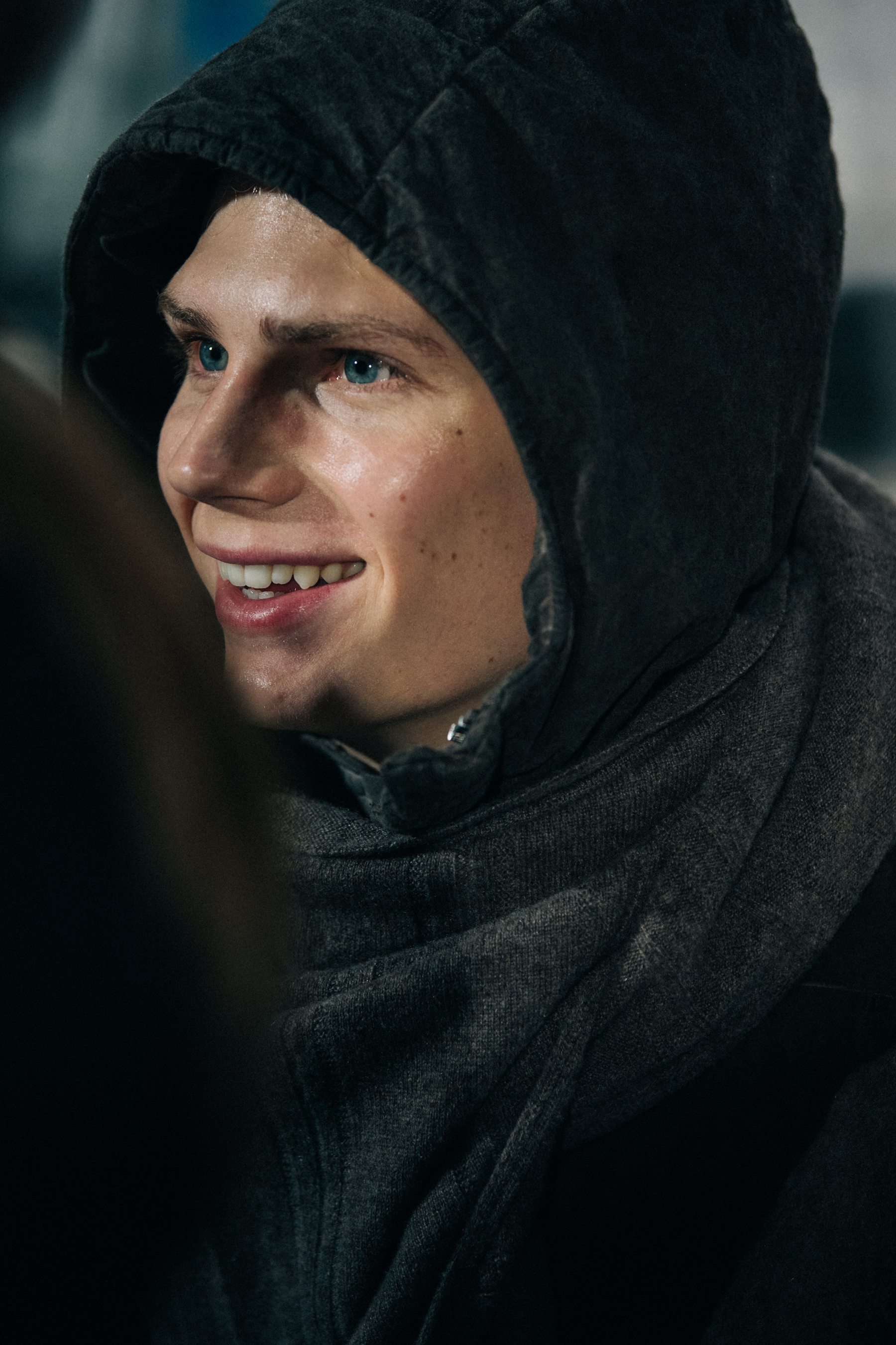 Model wearing Boris BIdjan Saberi coat backstage