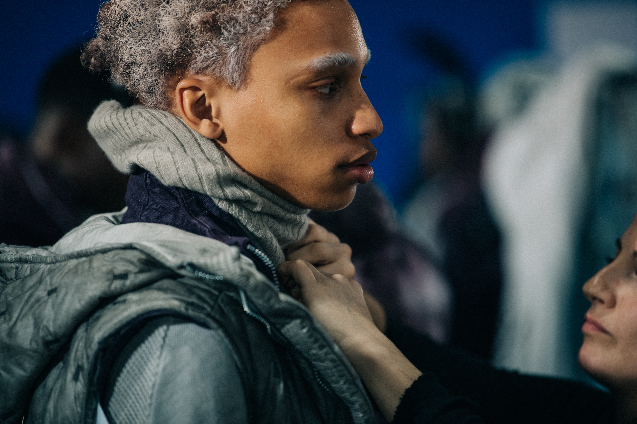 Model wearing Boris BIdjan Saberi coat backstage