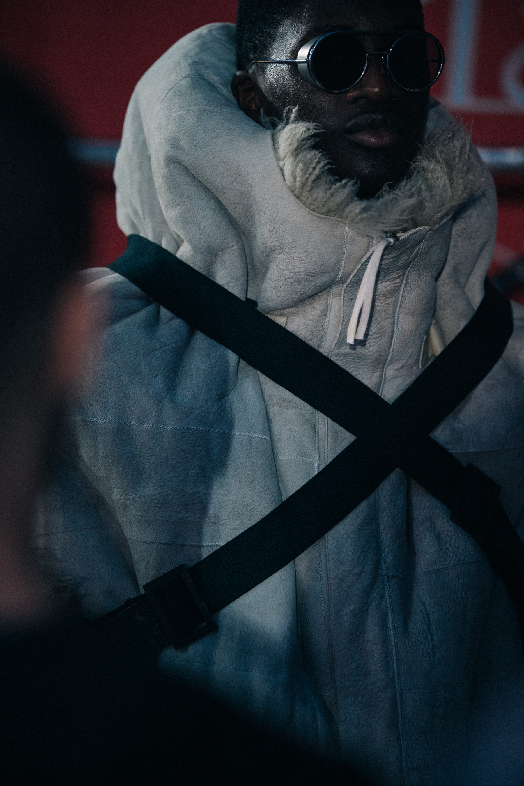 Model wearing Boris BIdjan Saberi coat backstage