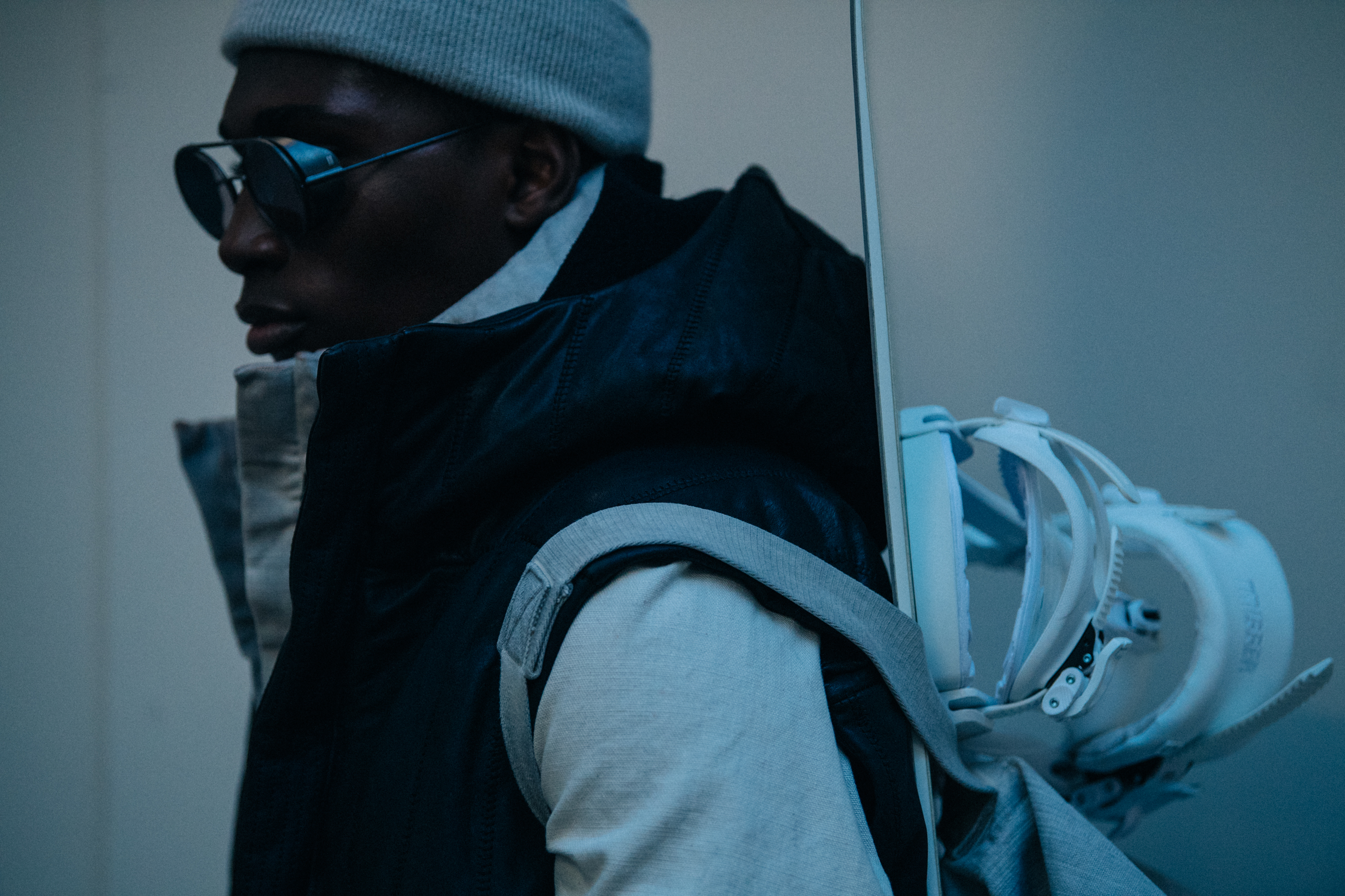 Model wearing ski equipment backstage