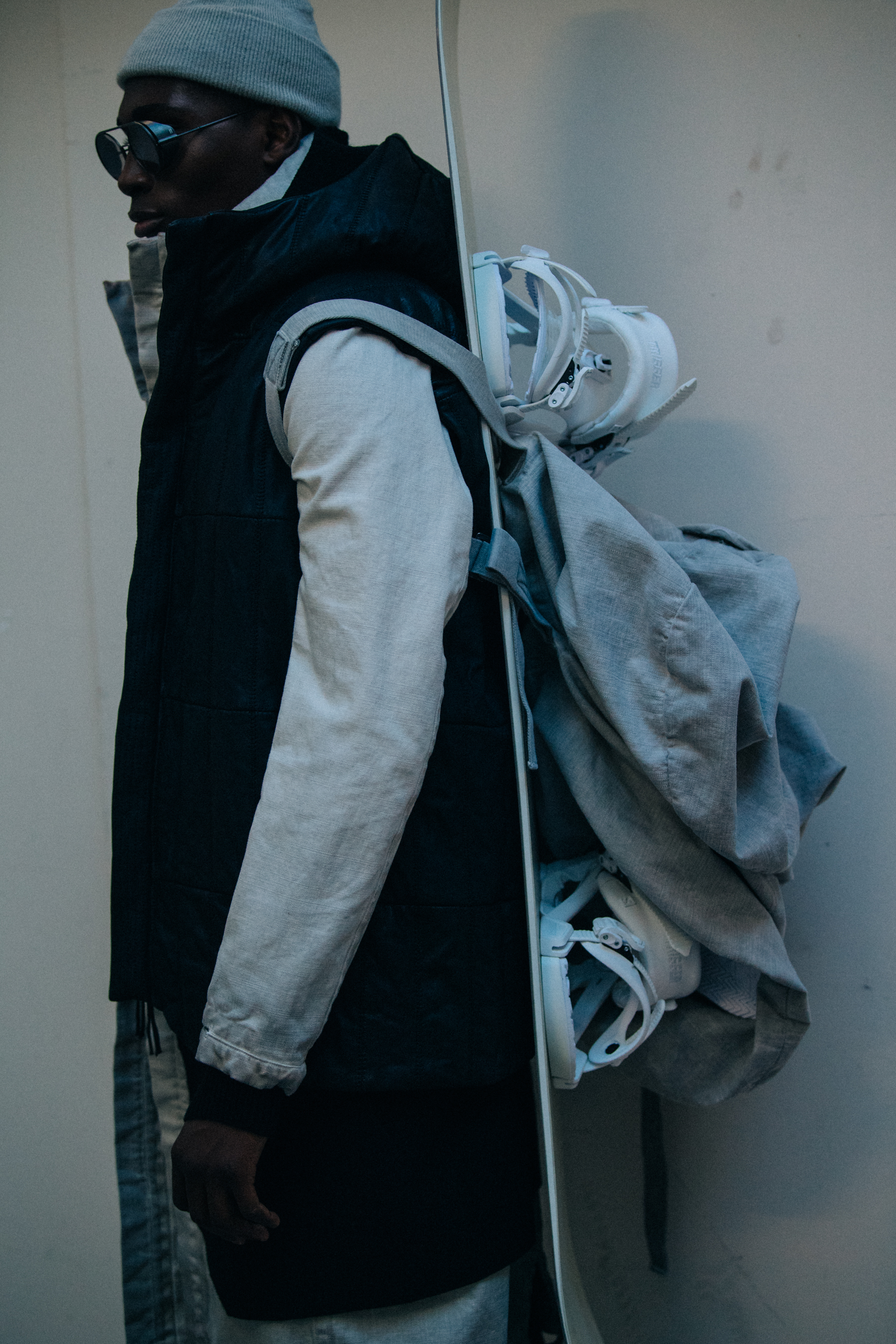 Model wearing ski equipment backstage