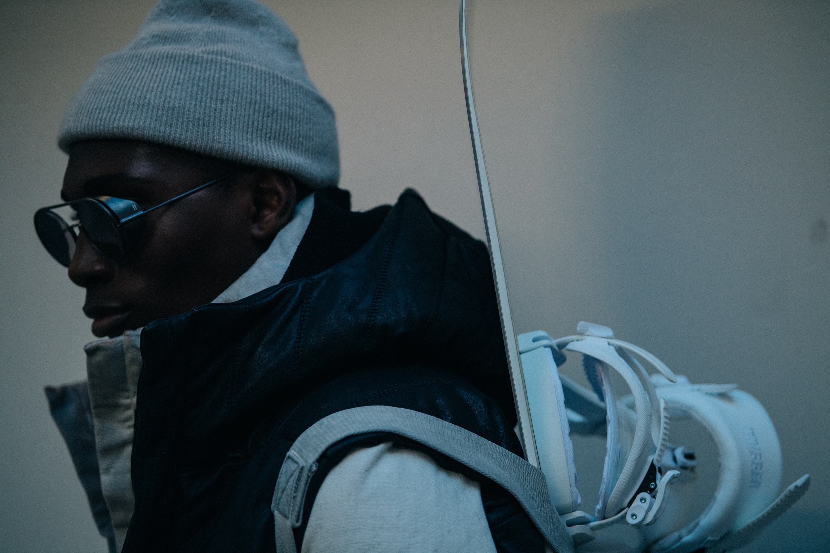 Model wearing ski equipment backstage
