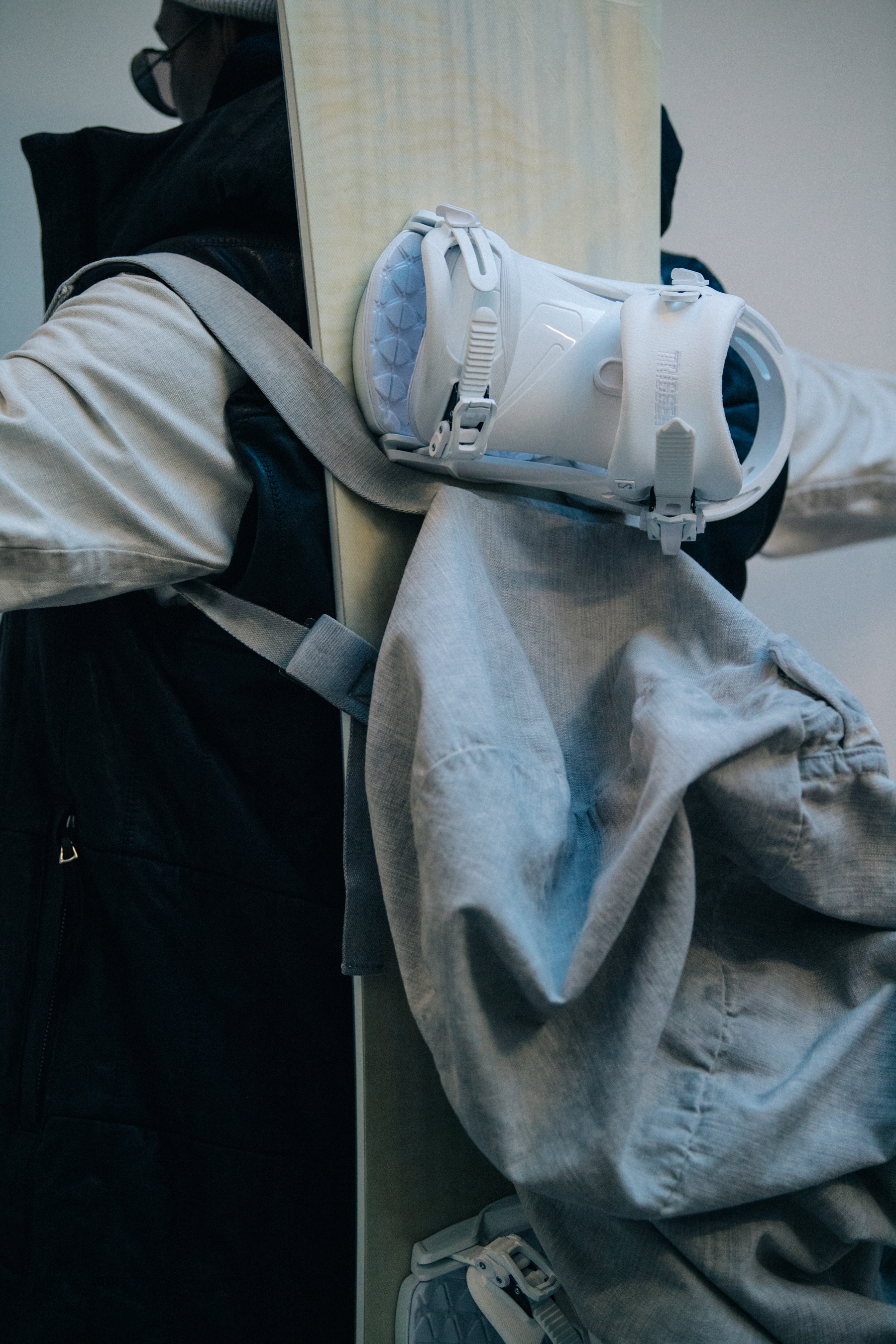 Model wearing ski equipment backstage