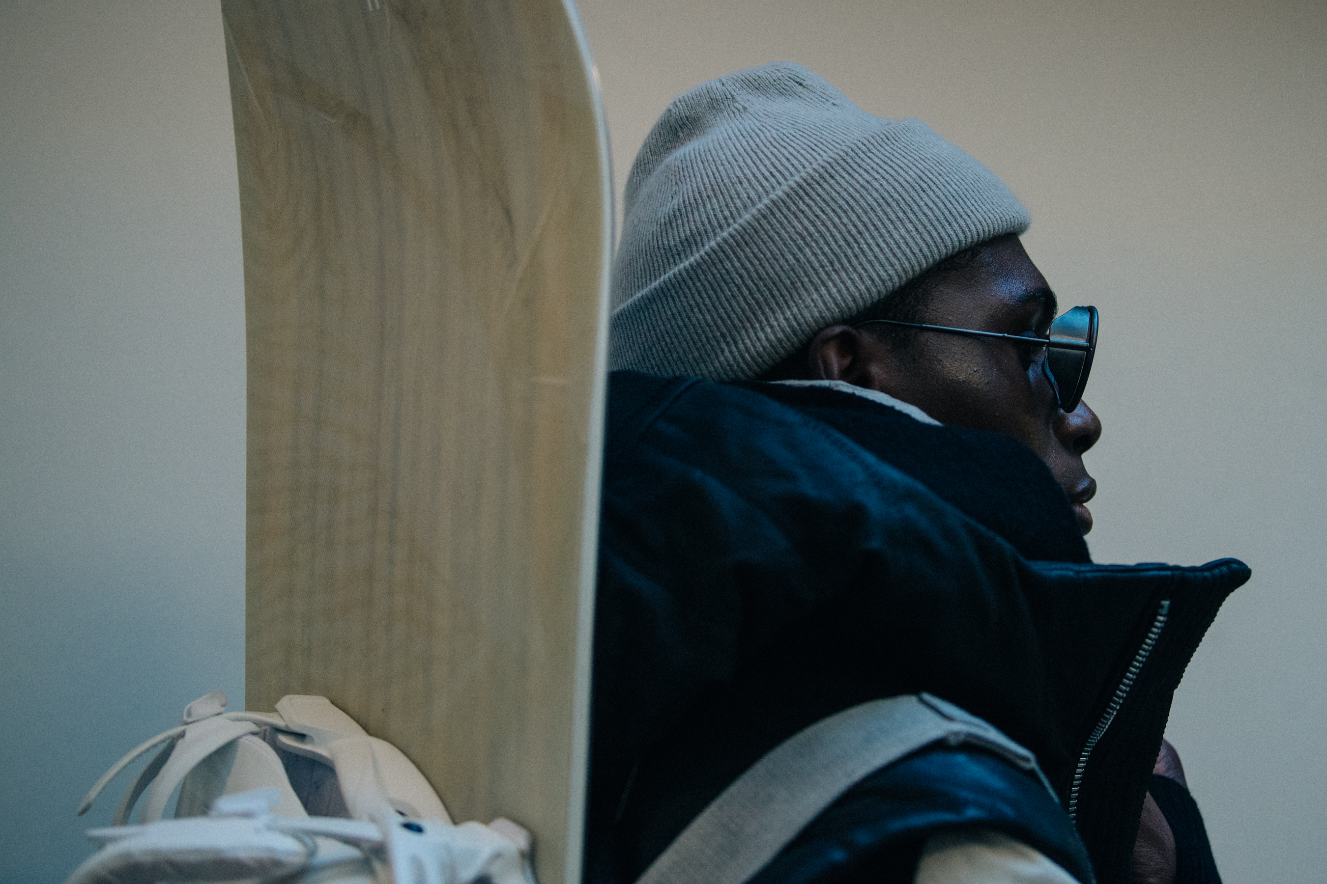 Model wearing ski equipment backstage