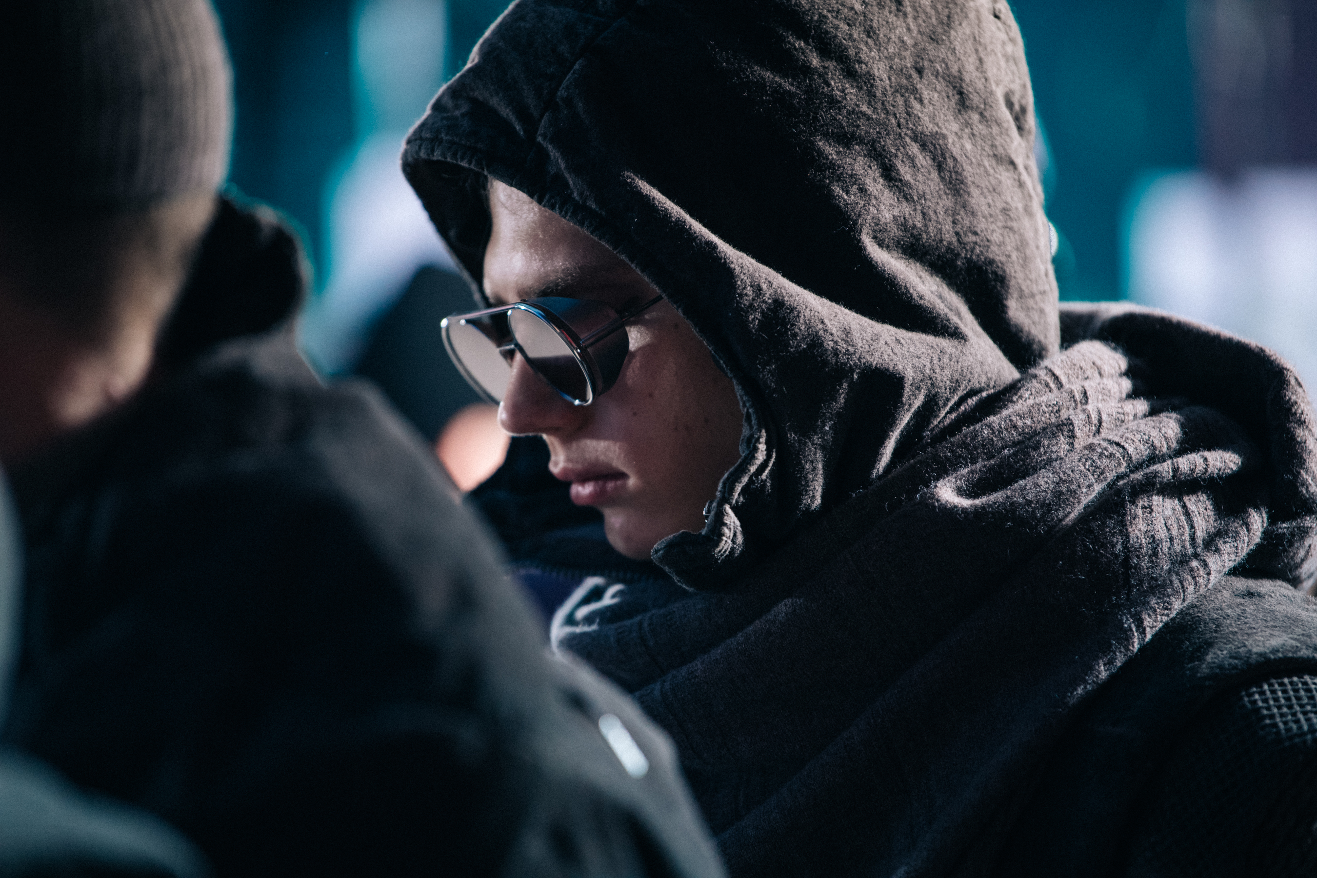 Model wearing Boris BIdjan Saberi coat backstage