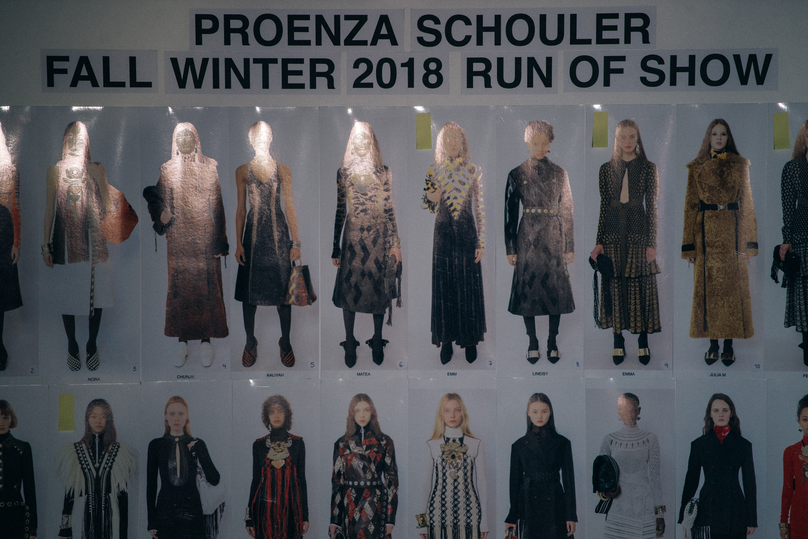 Model board backstage at Proenza Schouler